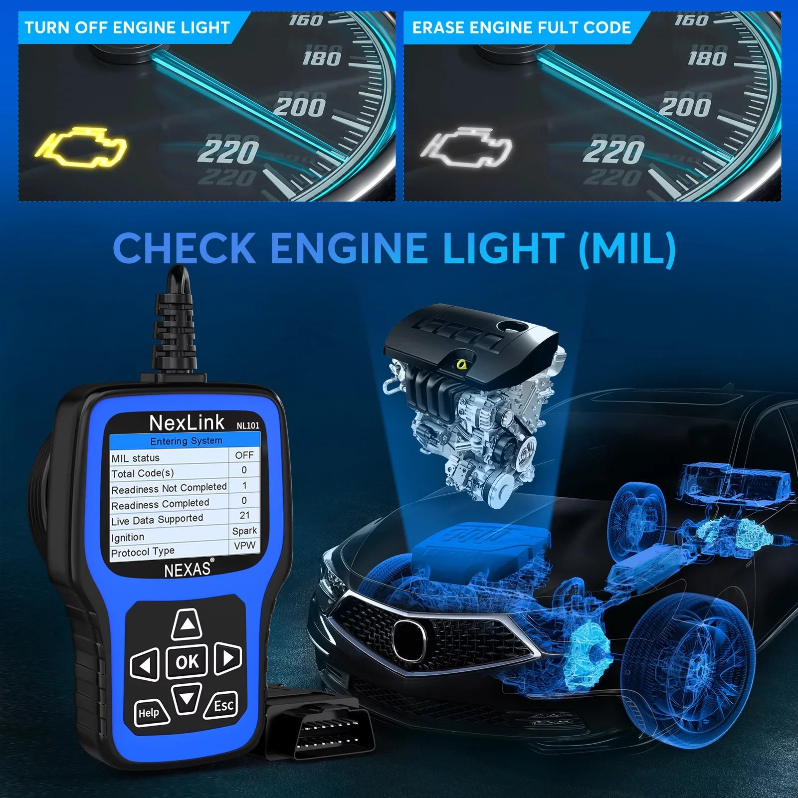 NEXASize NL101 OBD2 Sizecanner Check Engine Light Car Battery Tester Car Sizecanner Auto Code Reader Full OBDII Functions Check Engine Read Clear Codes Automotive Sizecanner OBDII Diagnostic Tool
