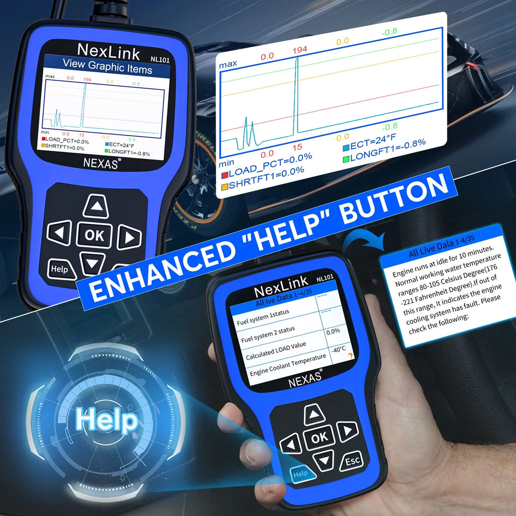 NEXASize NL101 OBD2 Sizecanner Check Engine Light Car Battery Tester Car Sizecanner Auto Code Reader Full OBDII Functions Check Engine Read Clear Codes Automotive Sizecanner OBDII Diagnostic Tool