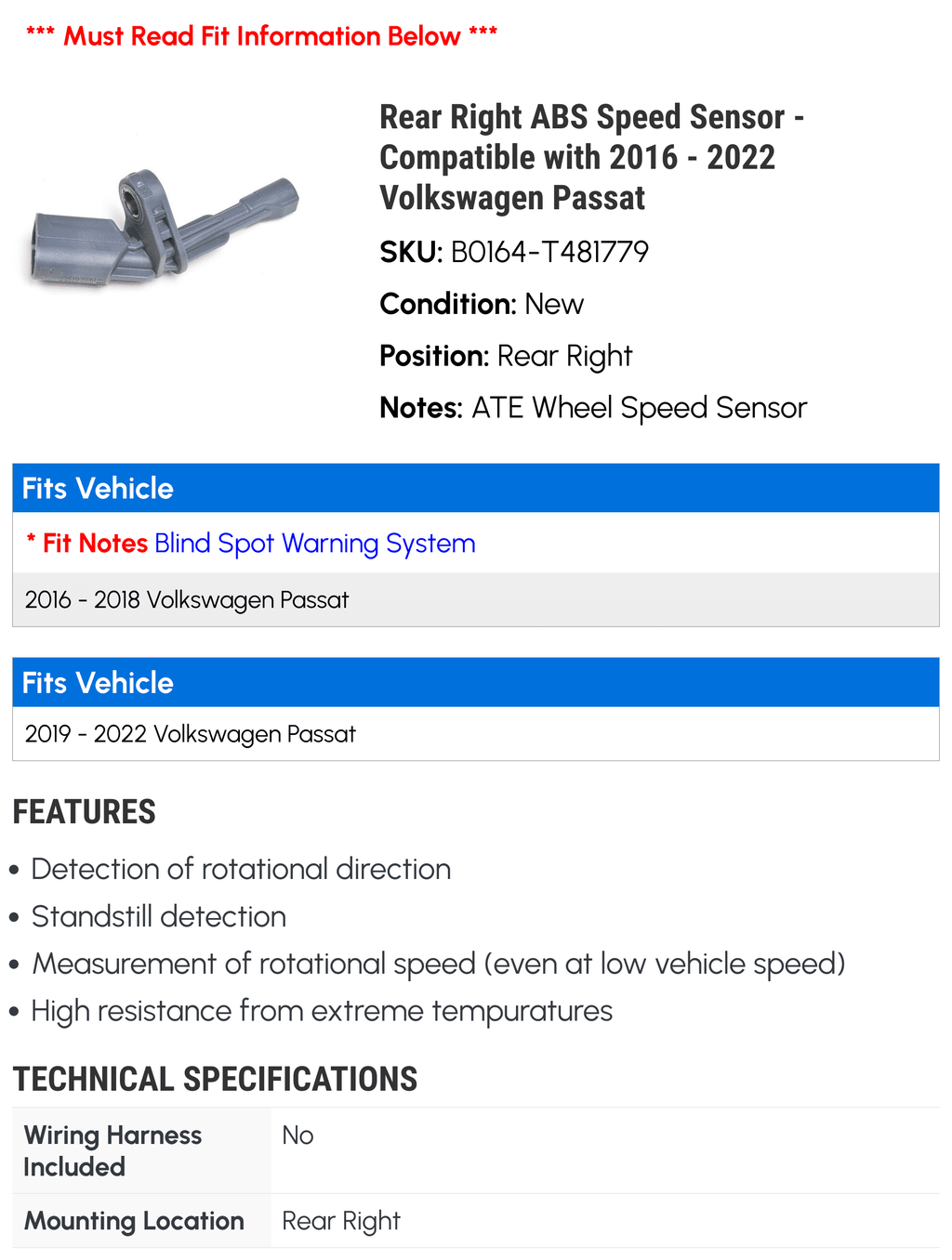 Rear Right ABSize Sizepeed Sizeensor - Compatible with 2016 - 2022 Volkswagen Passat 2017 2018 2019 2020 2021