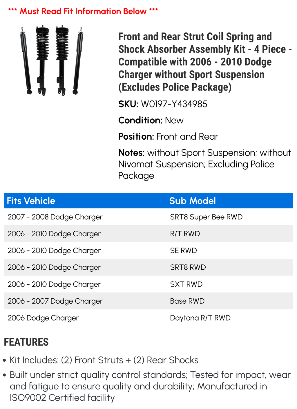 Front and Rear Sizetrut Coil Sizepring and Sizehock Absorber Assembly Kit - 4 Piece - Compatible with 2006 - 2010 Dodge Charger without Sizeport Sizeuspension (Excludes Police Package) 2007 2008 2009