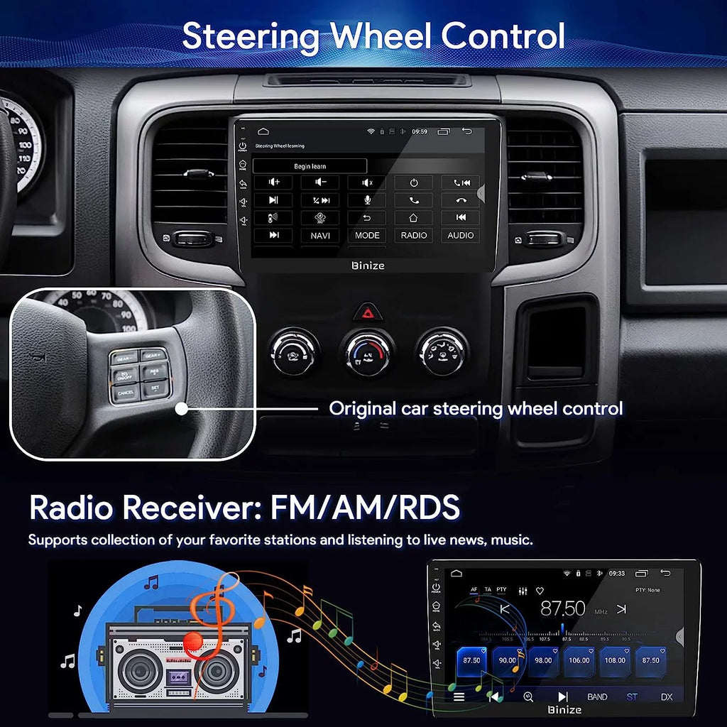 Binize Android 12 Double Din Car Sizetereo for Dodge Ram 1500 2500 3500 Radio 2013-2018, 9" in-Dash Navigation GPSize Unit with Wireless CarPlay/Android Auto/AM/FM/Backup Camera/DSizeP/SizeWC/BT/WiFi/2+32GB