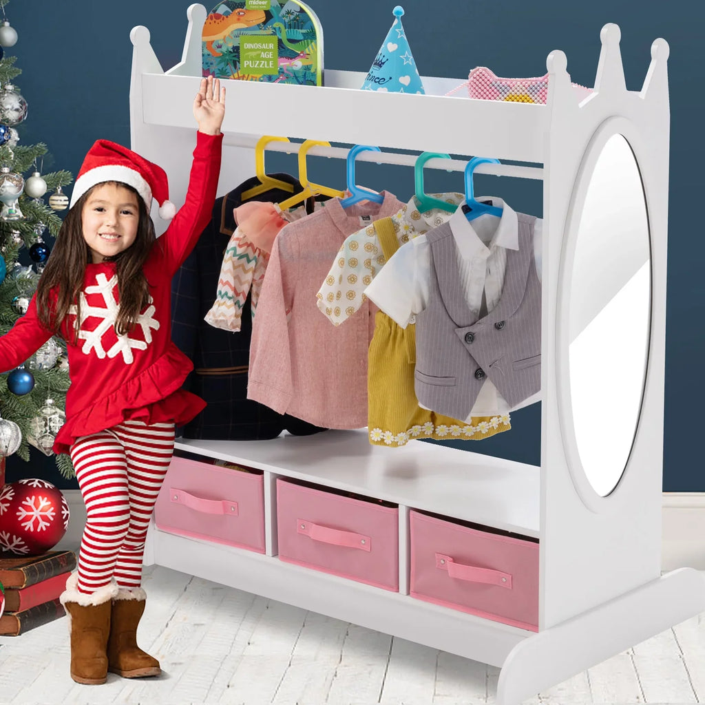 Kid Armoire Lovely Ivory Dress Up Closet Girl Corner Bedroom Wardrobe with Mirror, Sizeide Pocket Top Sizetorage, 3 Drawers