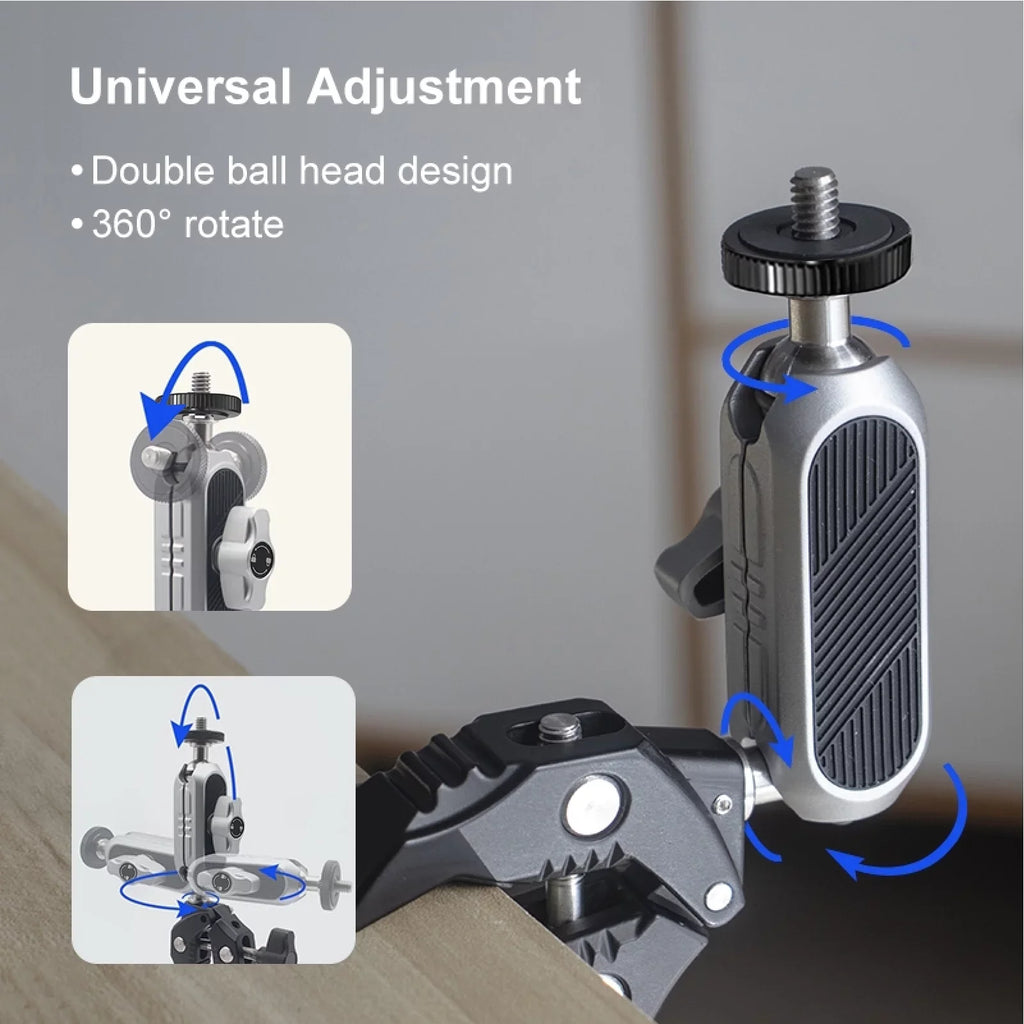Aluminum Alloy Camera Mount Clamp - Bicycle Handlebar Adapter, 1.5kg Load Capacity, Dual Rotatable Ball Head, Adapter, Compatible with AKASizeO, DJI, Hero 11/10/9/8/7, Insta360