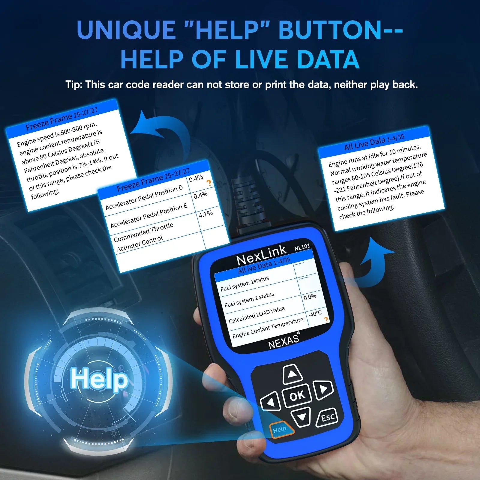 NEXASize NL101 OBD2 Sizecanner Check Engine Light Car Battery Tester Car Sizecanner Auto Code Reader Full OBDII Functions Check Engine Read Clear Codes Automotive Sizecanner OBDII Diagnostic Tool