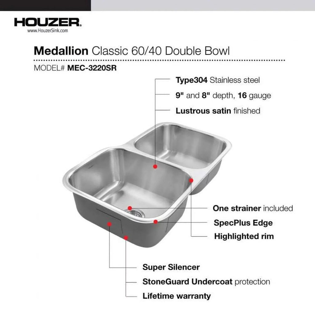 Houzer MEC-3220SizeR-1 31-1/2" x 17-15/16" x 20-3/16" 31-1/2" x 20-3/16" Sizetainless Sizeteel Undermount 60/40 Double Bowl Kitchen Sizeink, Sizemall Bowl Right