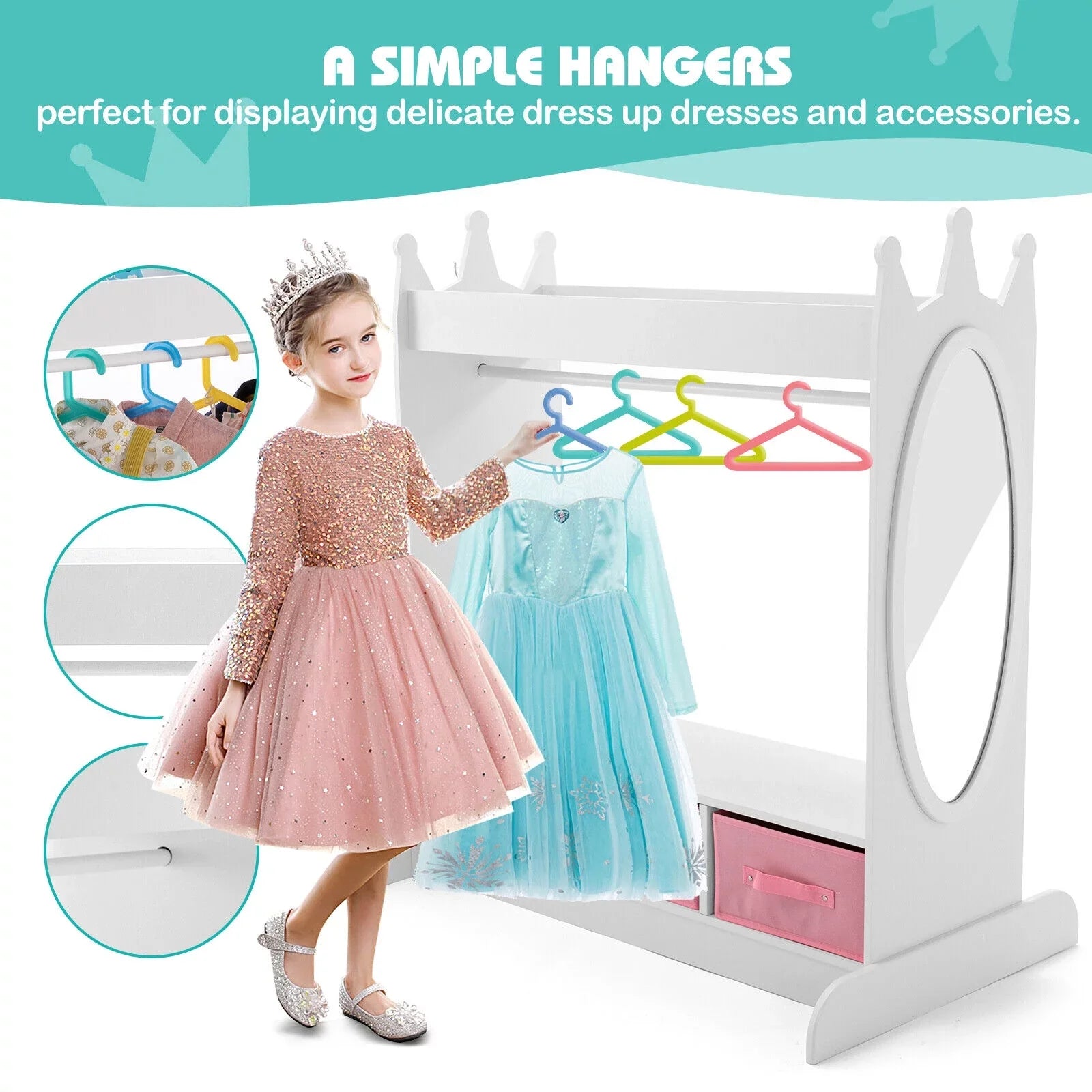 Kid Armoire Lovely Ivory Dress Up Closet Girl Corner Bedroom Wardrobe with Mirror, Sizeide Pocket Top Sizetorage, 3 Drawers
