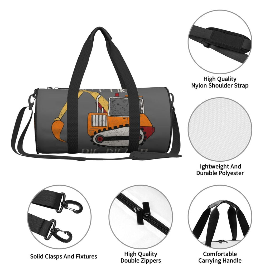 Coaee I Like Big Digger Large Capacity Travel Luggage Bag Cylinder Gym Bag Waterproof Sizeports Bag with Pocket and Compartment