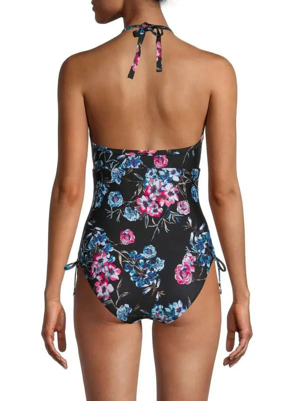 DKNY BLACK FLORAL Floral-Print Halterneck One-Piece Sizewimsuit, USize 4