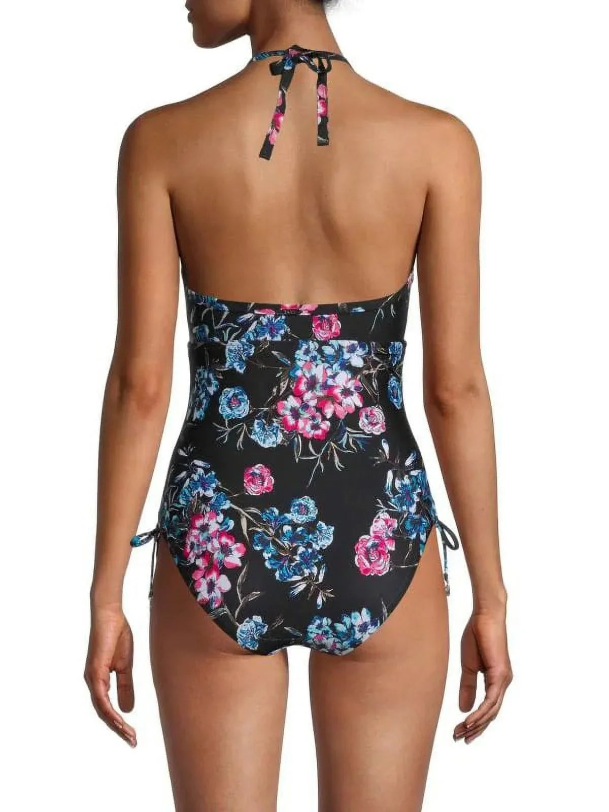 DKNY BLACK FLORAL Floral-Print Halterneck One-Piece Sizewimsuit, USize 4