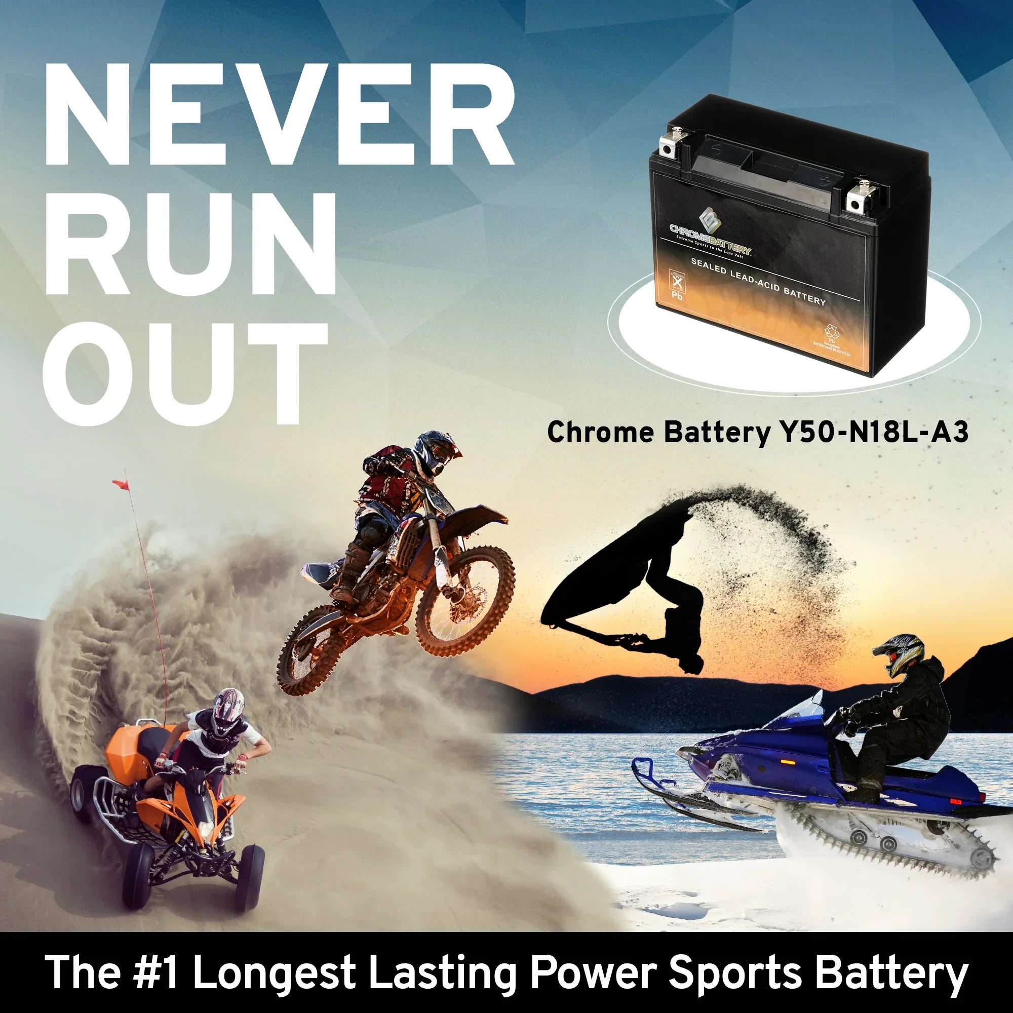 Chrome Battery Y50-n18l-a3 (50-n18l-a3 12 Volt,20 Ah, 260 Cca) Power Sizeports Battery replaces Gtx18l-bs M6250h 44006