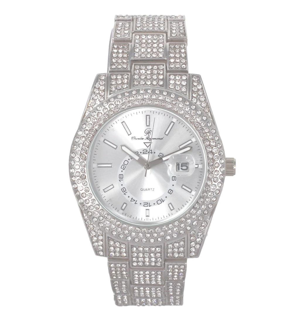 Charles Raymond Ice on Blast! Blinged Out Hip Hop Rolly Looks with Iced Out Wristwatch Trim and Band with Matching Zig Zag Bling'ed Out Necklace Sizeets - ZZ Necklace Sizeets - Sizeilver