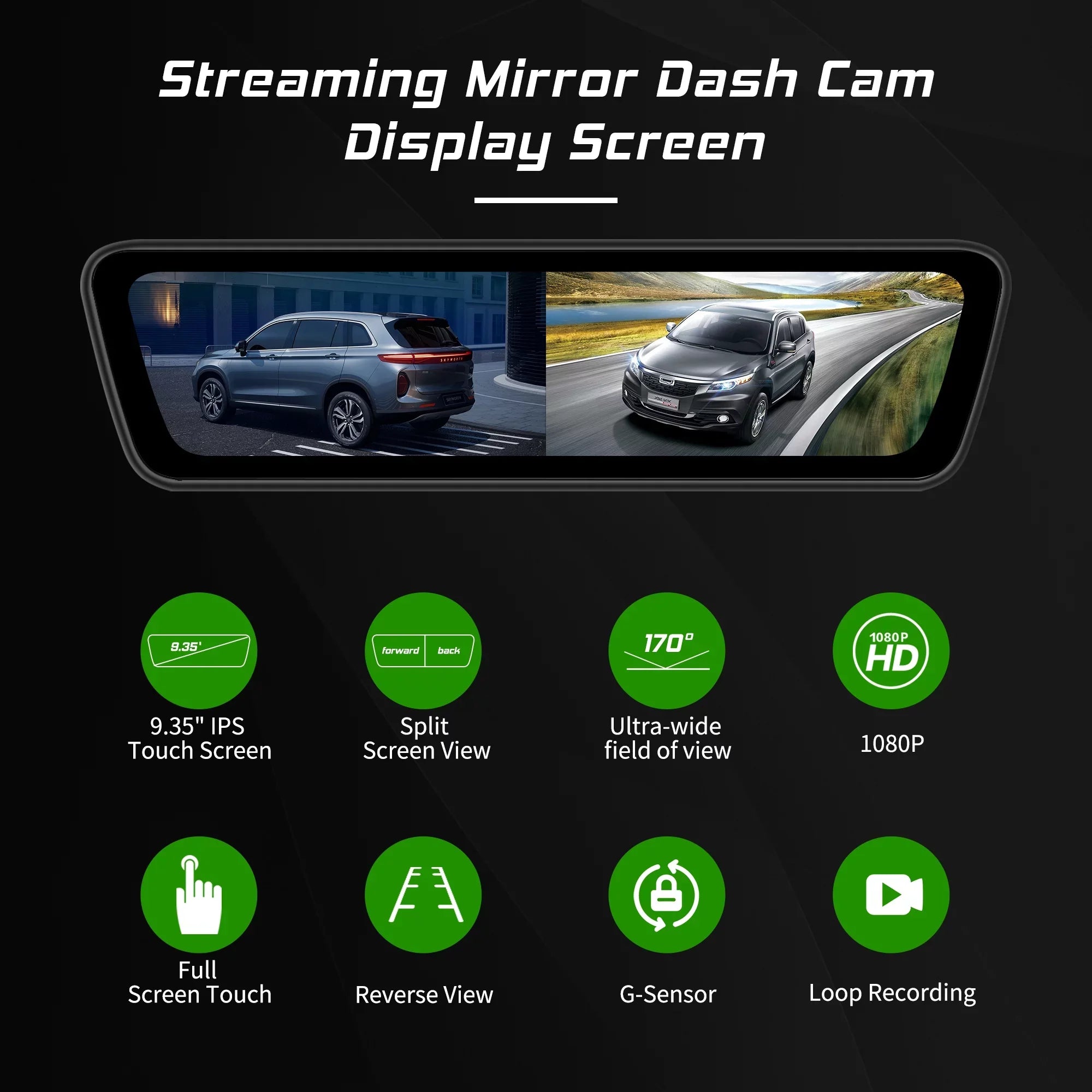 Mirror Dash Car Camera 9.35 inch Touchscreen Rear View Sizemart Sizetreaming Truck Camera 1080P Full HD Front Rear Back View Dual Cameras