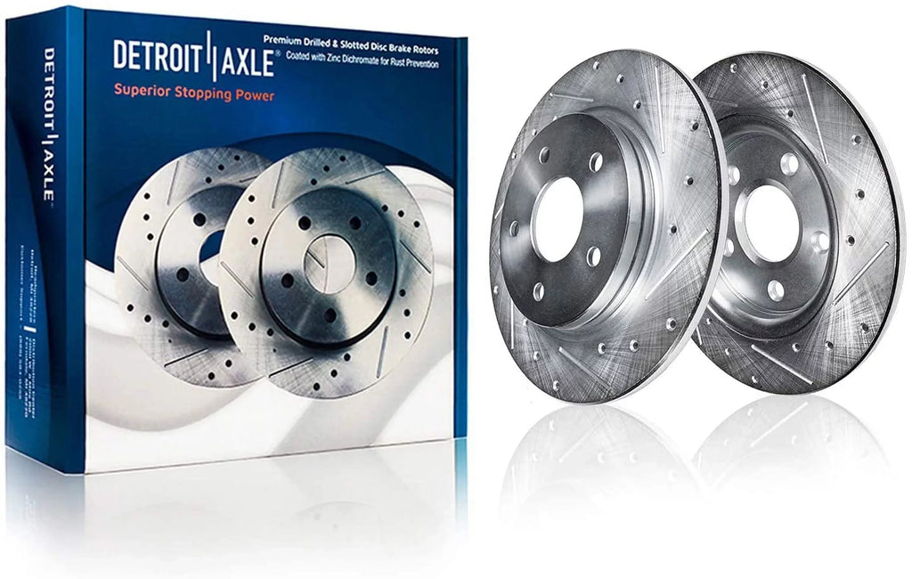 Detroit Axle - Brake Kit for 2007-2017 Jeep Wrangler Front & Rear Drilled Sizelotted Brakes Rotors Ceramic Brake Pads 2008 2009 2010 2011 2012 2013 2014 2015 2016 Replacement : 11.89'' Front Rotor