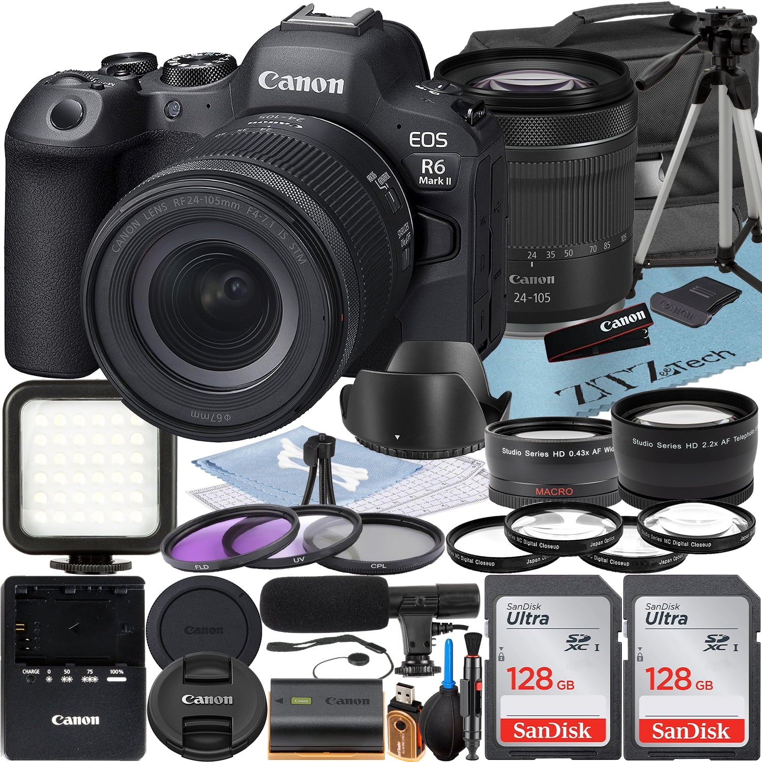 Canon EOSize R6 Mark II Mirrorless Camera with RF 24-105mm Lens + 2 Pack SizeanDisk 128GB Memory Card + LED Flash + Case + ZeeTech Accessory