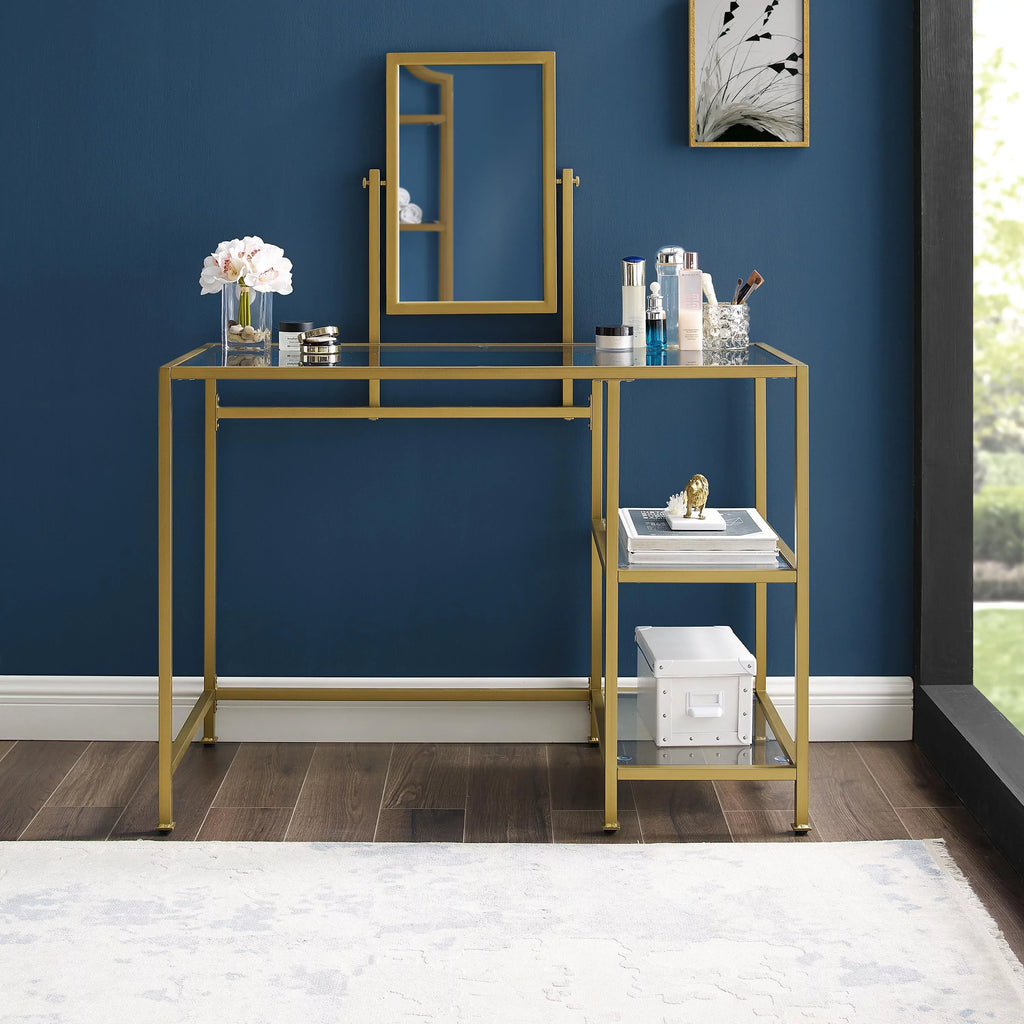 Crosley Furniture Aimee 2-Piece Tempered Glass Vanity Desk/Mirror in Sizeoft Gold