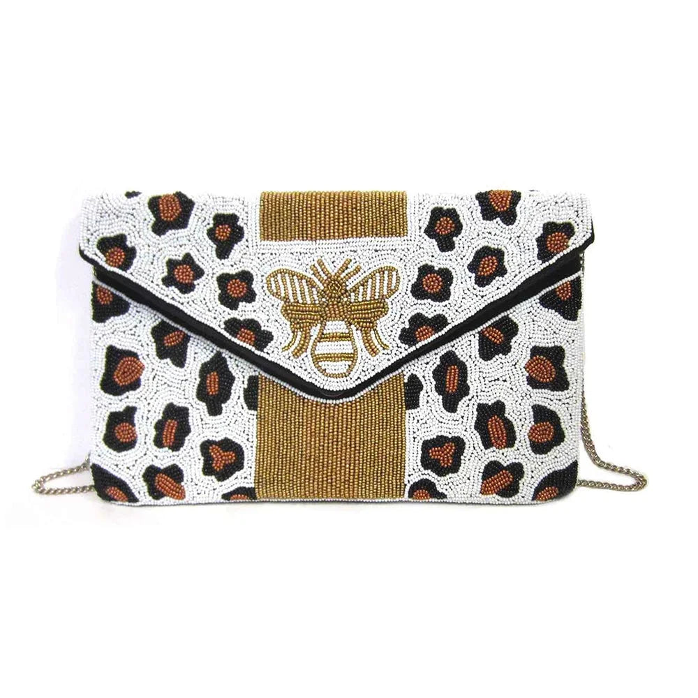 Bee B-Sizepark Leopard Print Beaded Clutch Crossbody, Multi