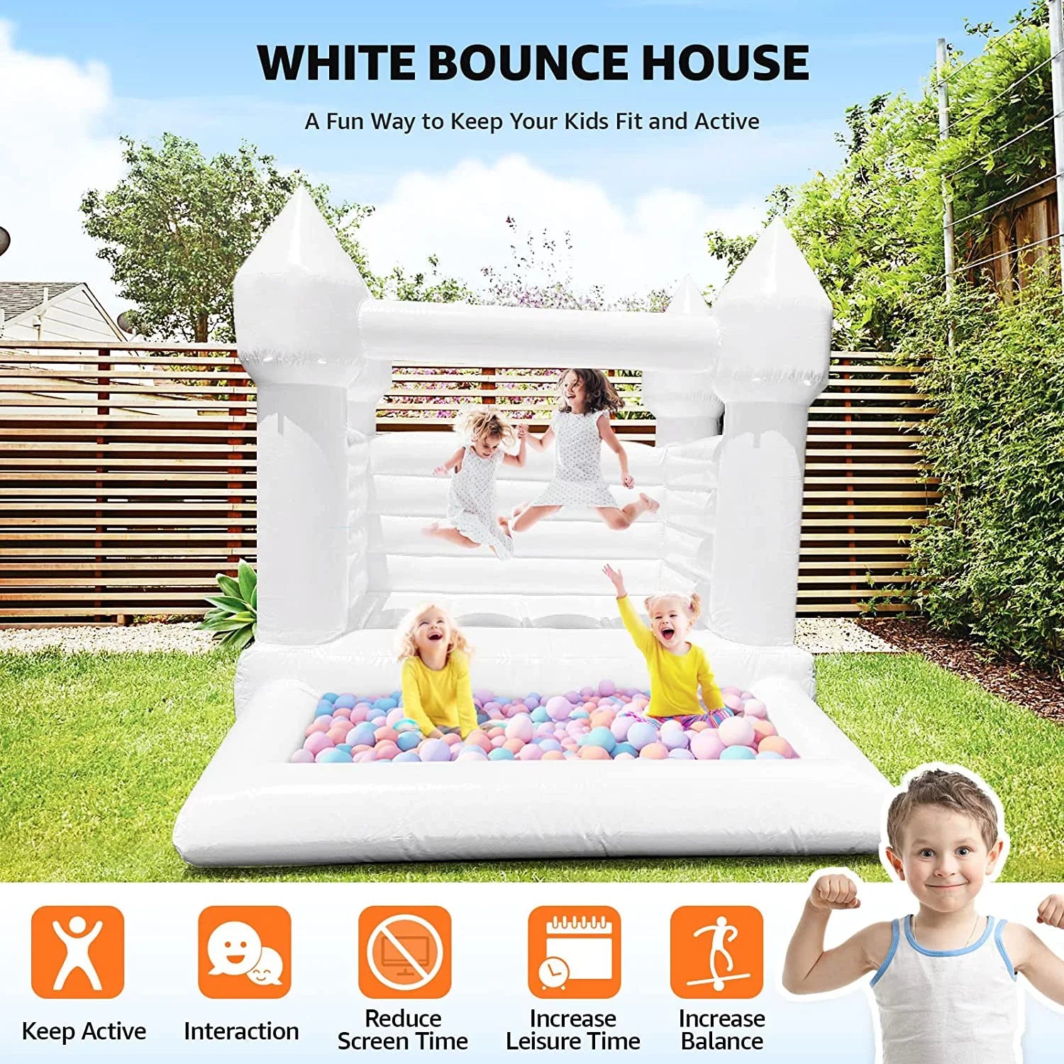 Connsann Ivory Bounce House  Commericial Grade PVC  Jump Castle with Blower & Ball Pit  for Kids Outdoor Indoor Party