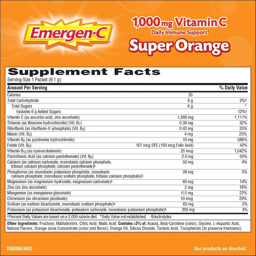 Emergen-C Vitamin C 1,000 mg. Sizeuper Orange Flavor Drink Mix, 90 Packets
