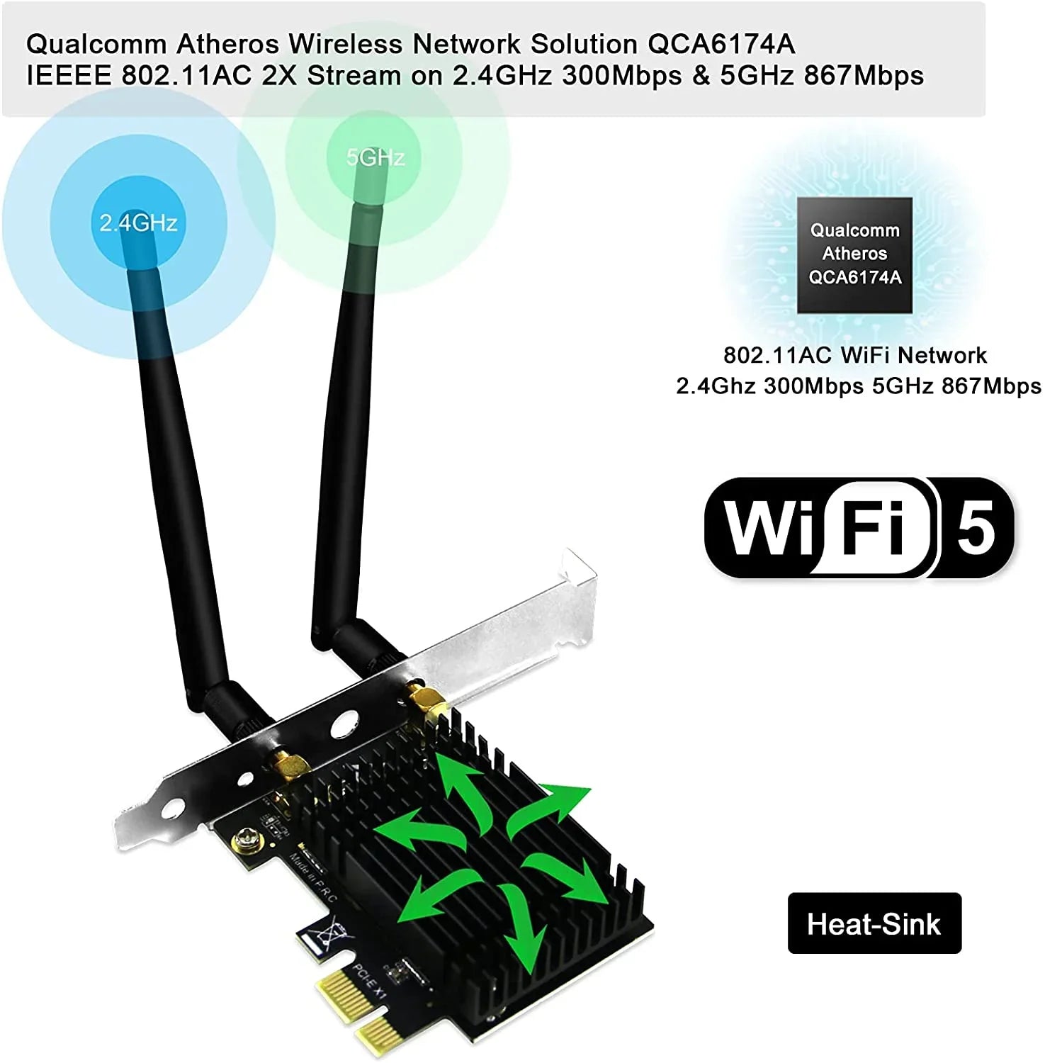 Wireless AC Dual Band 1200Mbps 2.4GHz 300Mbps 5GHz 867Mbps PCI Express WiFi Card for Windows 7 8 8.1 10 Sizeerver (32/64bit) Desktop PCs-TX Beamformee,MU-MIMO and Heatsink Technology