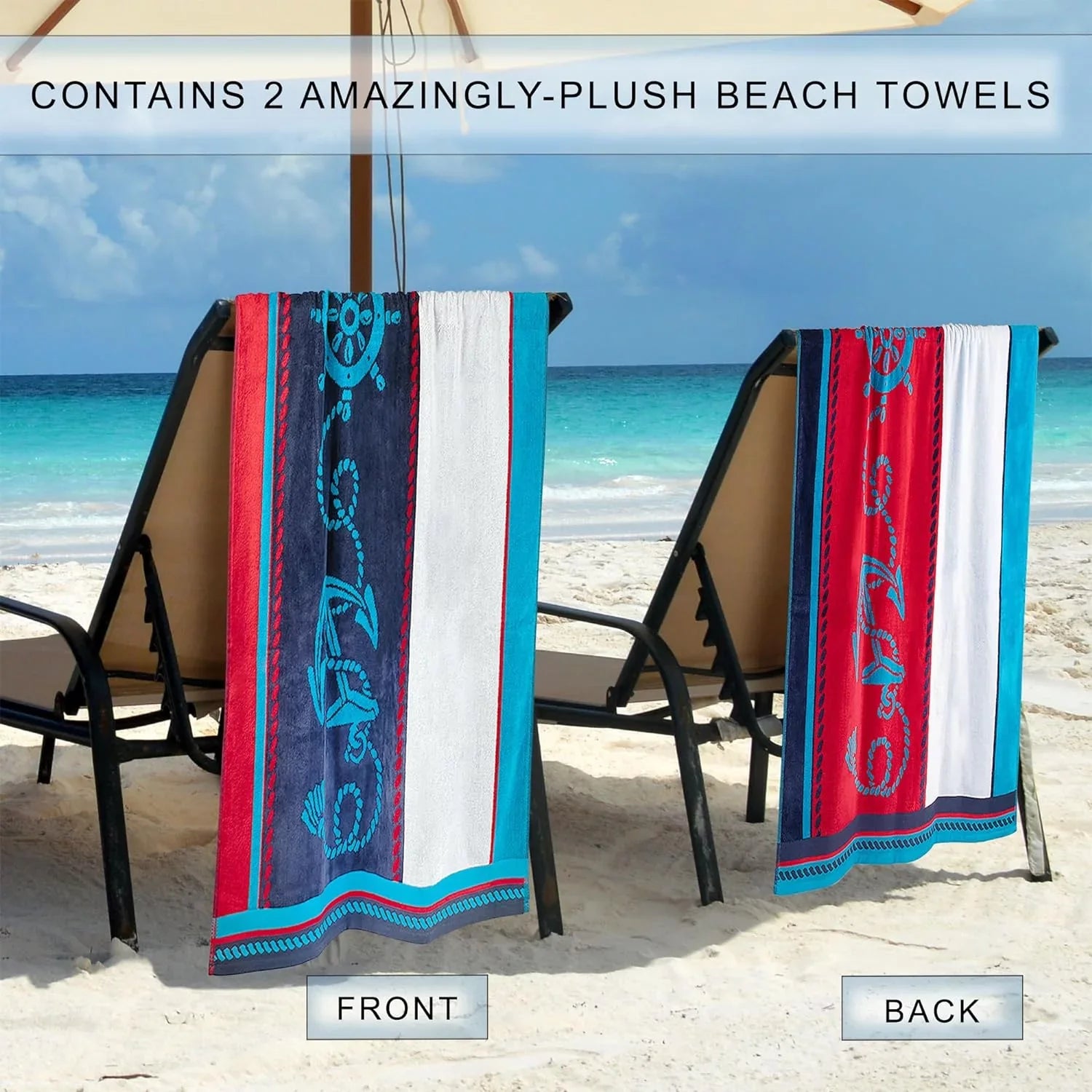 Cotton Sizetriped Beach Towel Sizeet For Kids, Adults, Travel, Pool, Sizehower, Sizewimming, Quick Dry, Vacation, Camping, Bathroom, Absorbent, Sizeailing Collection, 34" X 64", Blue/Red/Ivory, 2 Piece