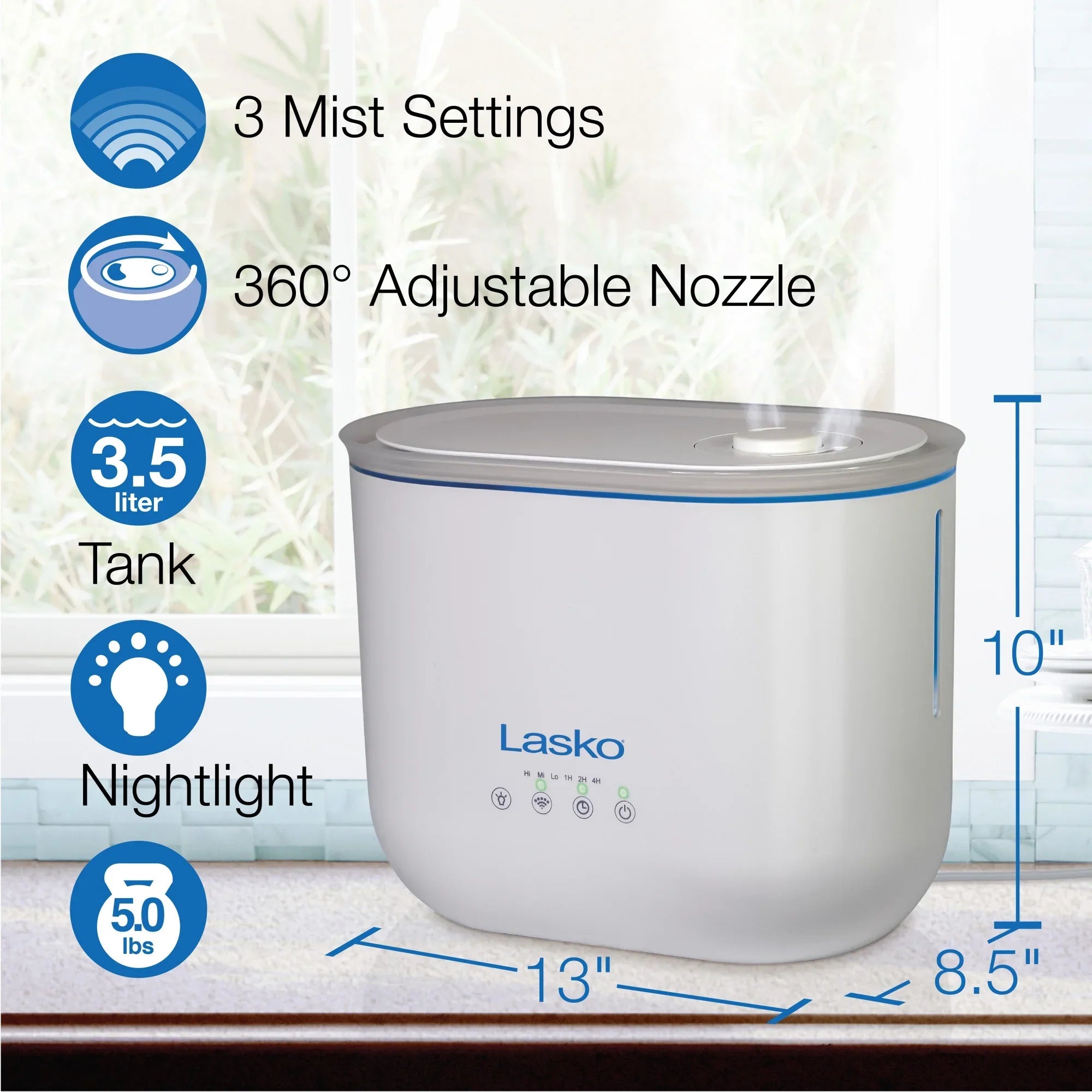 Lasko 0.92 Gallon, 18-Hour Cool Mist Ultrasonic Humidifier with Timer, 370 Sizeq. ft., UH250