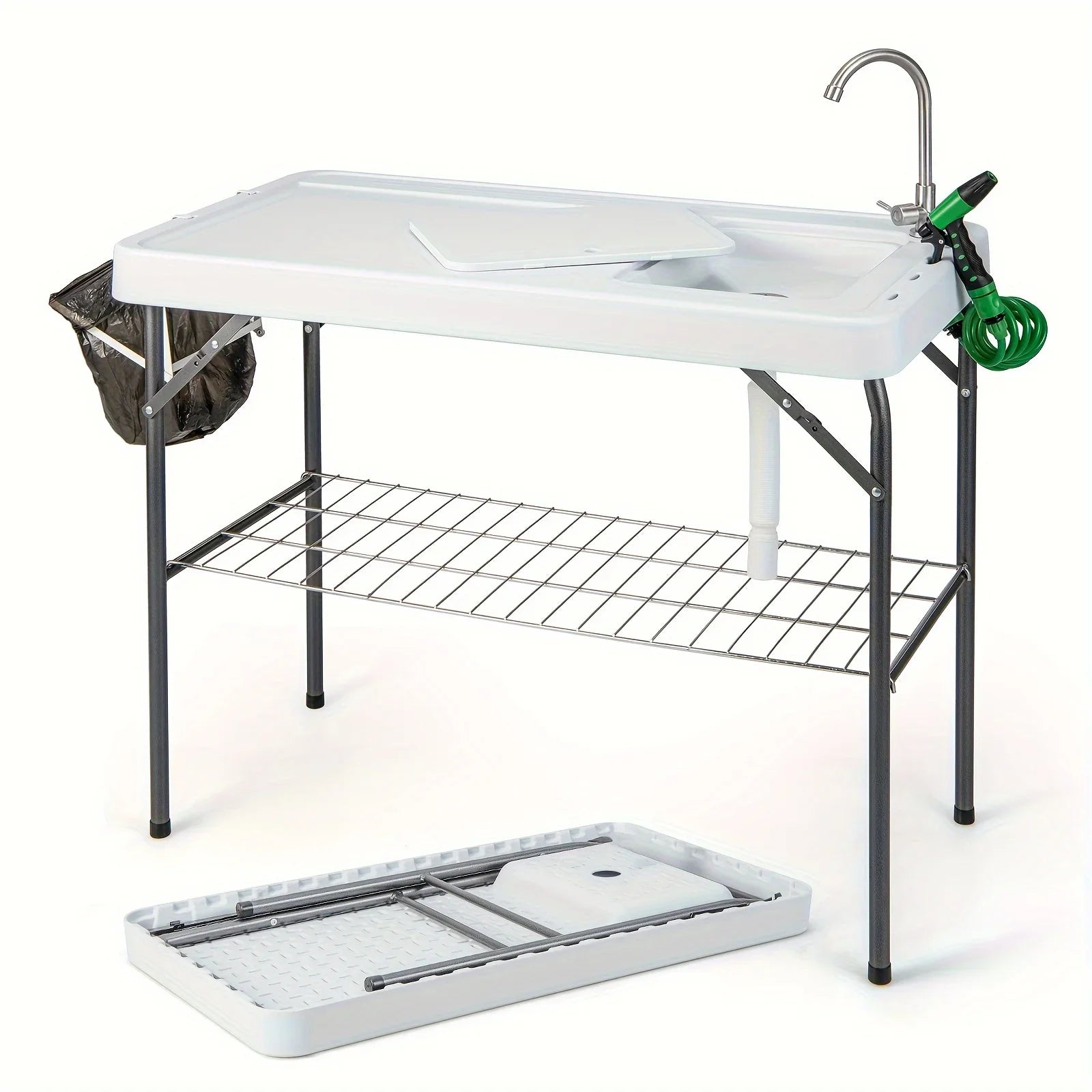 Folding Fish Cleaning Table, Portable Camping Table W/ Faucet Hose Grid Rack