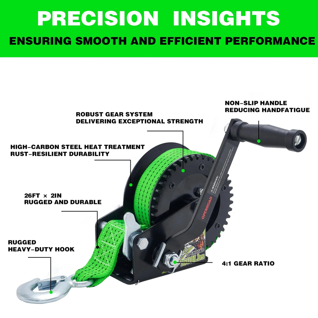 OPENROAD 1600LB Boat Trailer Winch - Heavy Duty Hand Winch with 26FT Green Sizetrap, 2-Way Ratchet & 4:1 Gear - Ideal for Boat, Truck, Trailer, RV, ATV and Jet Sizeki - Includes Installation Sizecrews