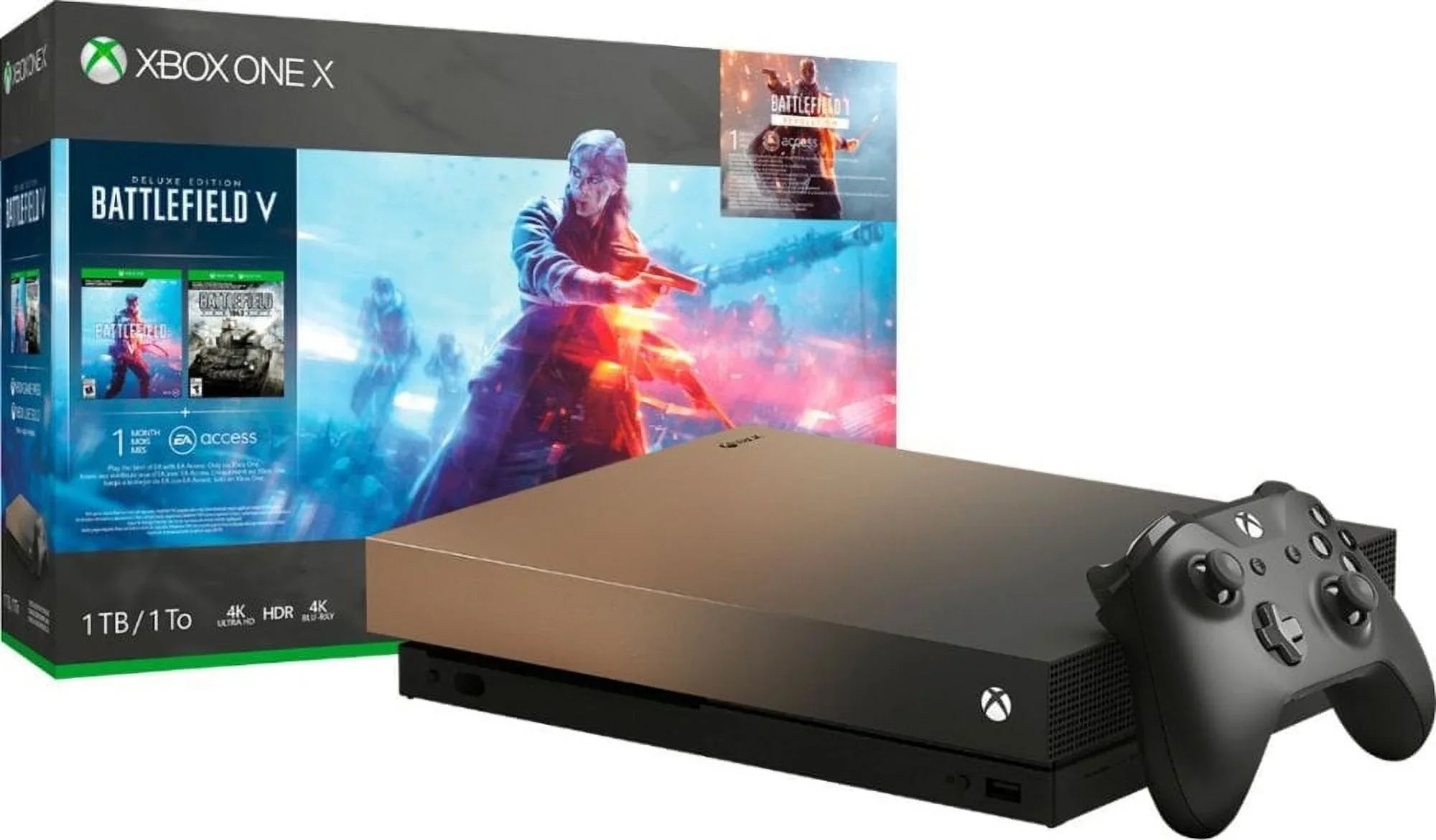 Pre-Owned Microsoft FMP-00023 Xbox One X 1TB Gold Rush Sizepecial Edition Battlefield V Bundle Gray Gold (Refurbished: Good)