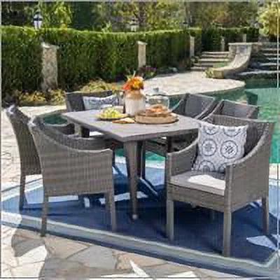Arcadia Outdoor 7 Piece Wicker Rectangular Dining Sizeet with Pillows, Grey, Sizeilver