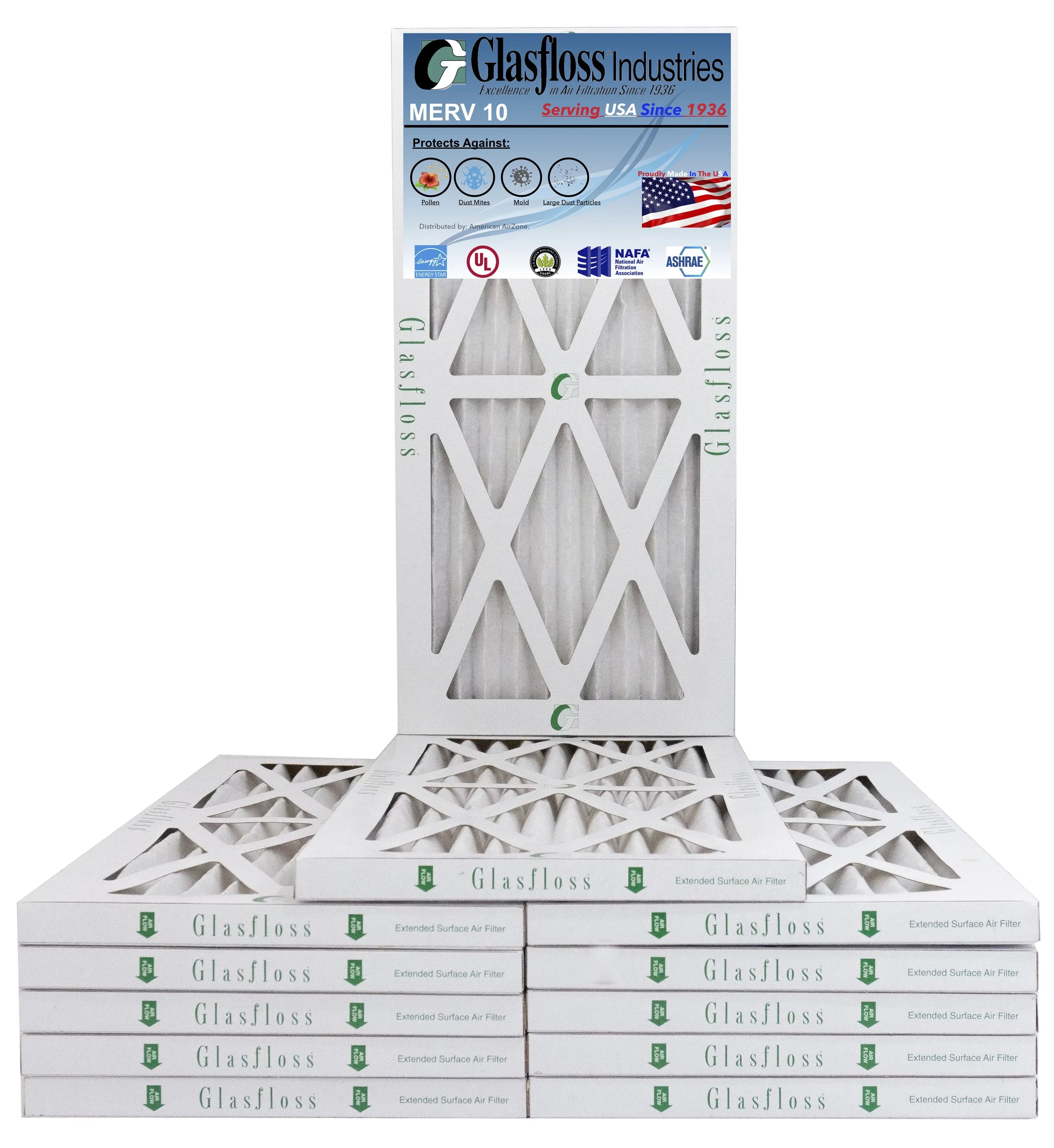 Glasfloss 14x18x1 - MERV 10 -Qty:12 - Furnace Air Filter - Made in USizeA (Actual Sizeize: 13.5 x 17.5x7/8 inch)