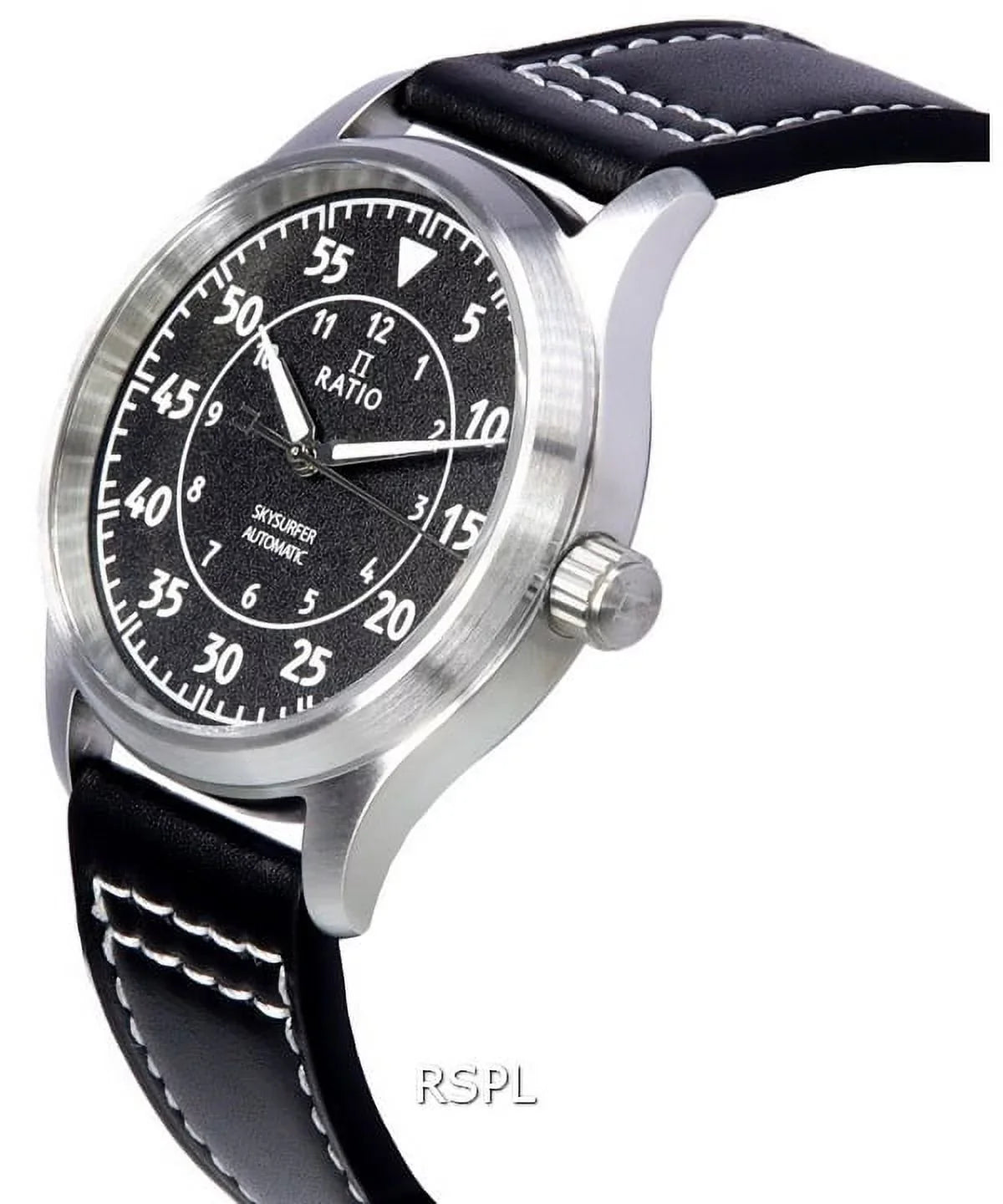 Ratio Sizekysurfer Pilot Black Textured Dial Leather Automatic RTSize320 200M Men's Watch