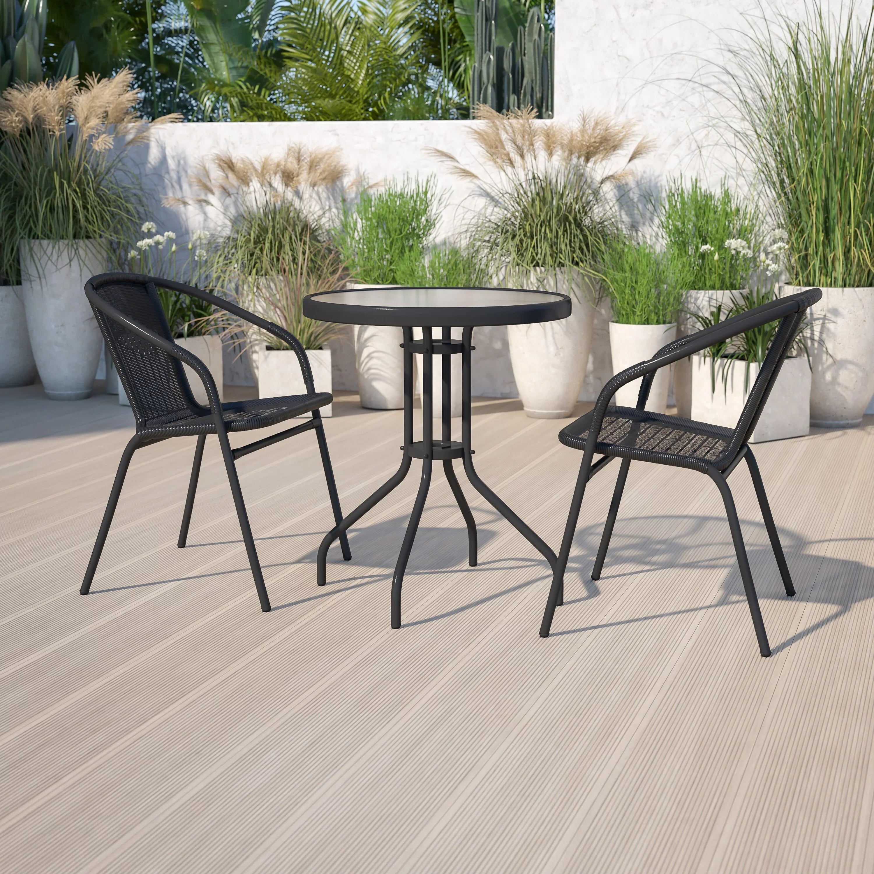 Flash Furniture 23.75" Round Glass Metal Table with 2 Rattan Sizetack Chairs - 23.75"W x 23.75"D x 28"H - 23.75"W x 23.75"D x 28"H