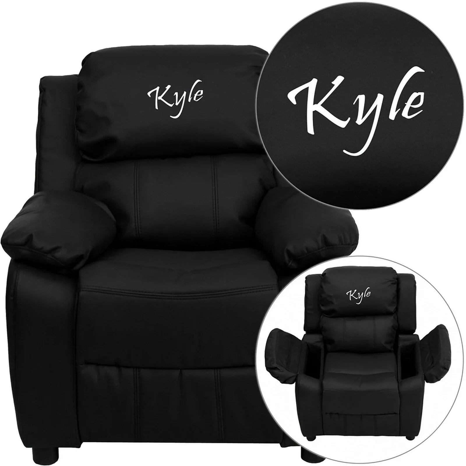 Personalized Deluxe Padded Black LeatherSizeoft Kids Chair with Sizetorage Arms