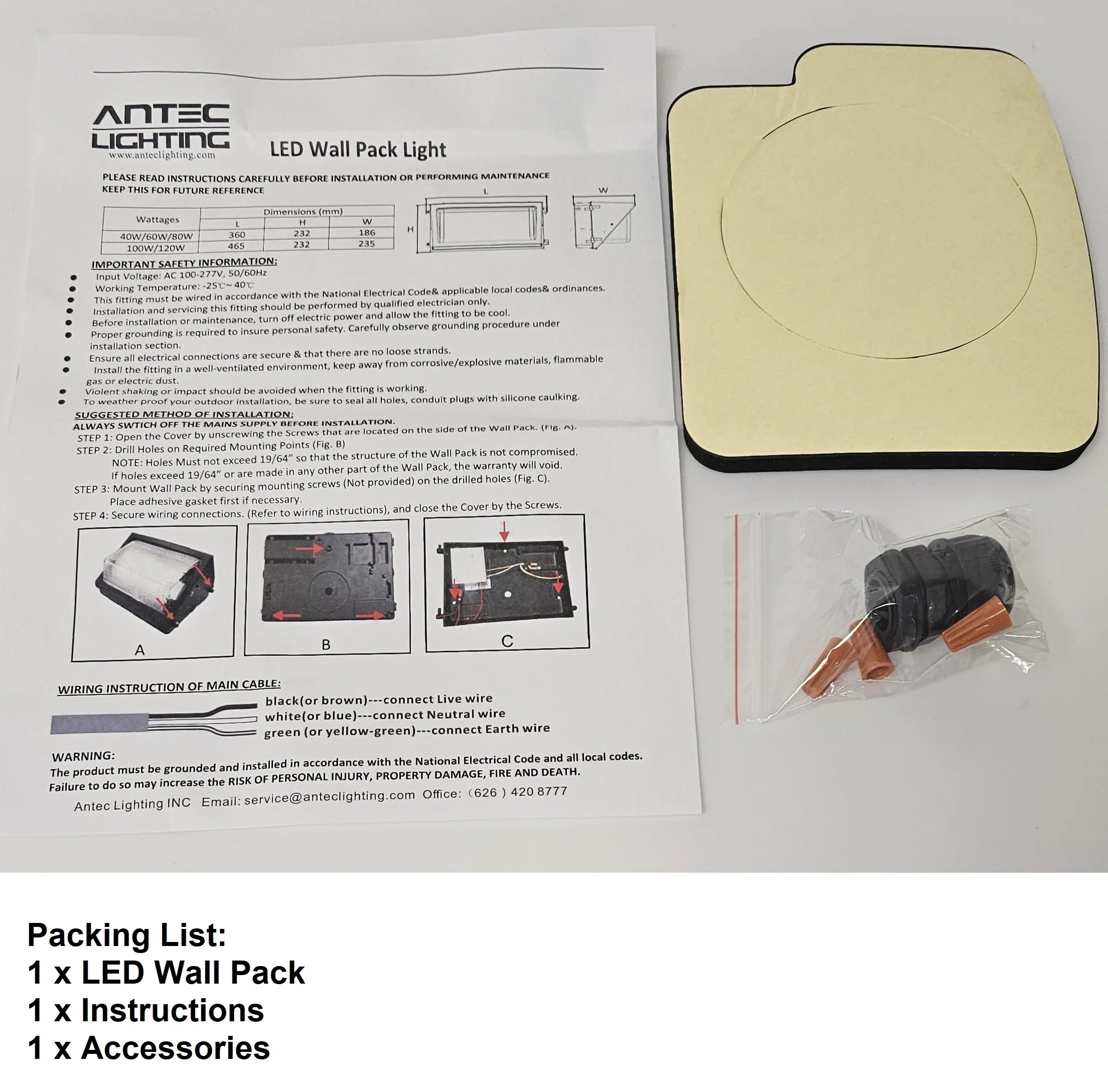 Antec 40W Outdoor LED Wall Pack Light, 5000 Lumens, 5000K, 100-277VAC, UL/DLC , IP65 Weather Resistant,
