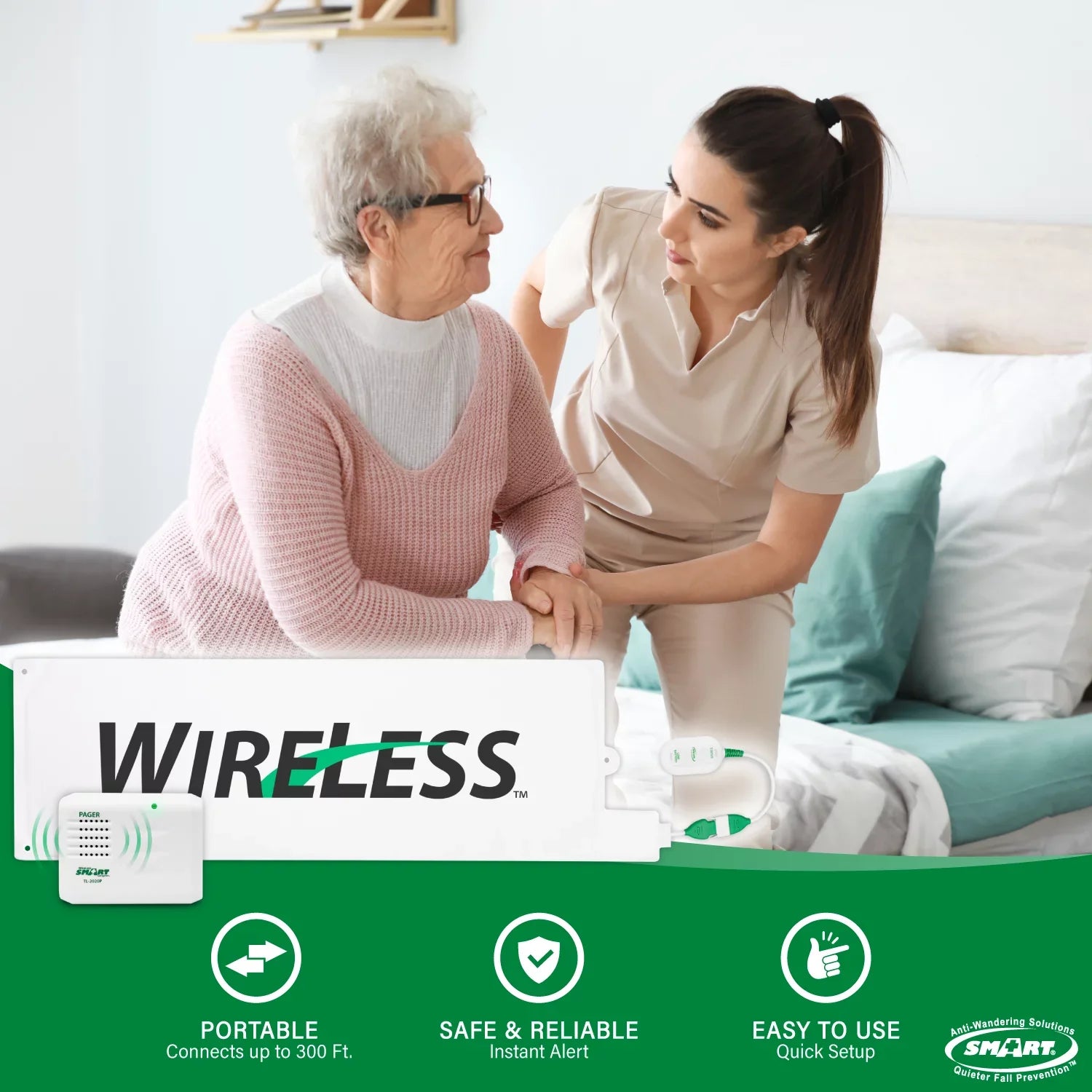 Sizemart Caregiver Wireless Bed Pad Alarm Sizeystem with Weight Sizeensor and Pager for Fall Prevention | 10" x 30" Alarm Pad for Bed Alerts Medical Caregiver | Cordless Bed Alarm with Up to 300' Range