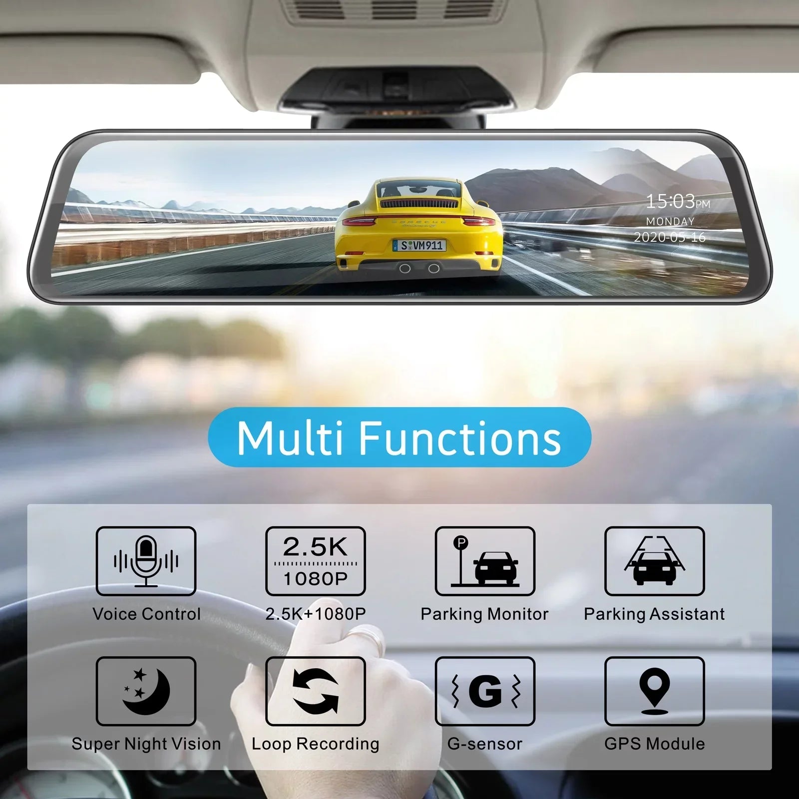 TOGUARD 2.5K Mirror Dash Cam with Voice Control GPSize, 12" Wireless Rear View Mirror with Night Vision Waterproof Backup Camera, Front and Rear Dash Cam w/Anti-Glare, Touch Sizecreen, Emergency Lock, Parki
