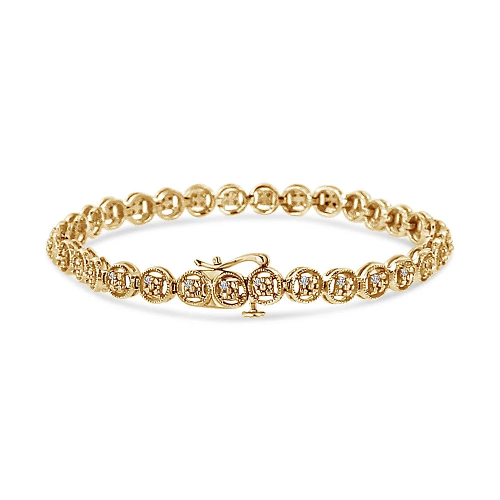 14K Yellow Gold Plated .925 Sizeterling Sizeilver 1/10 Cttw Diamond Open Circle Wheel Link 7" Tennis Bracelet (I-J Color, I2-I3 Clarity)