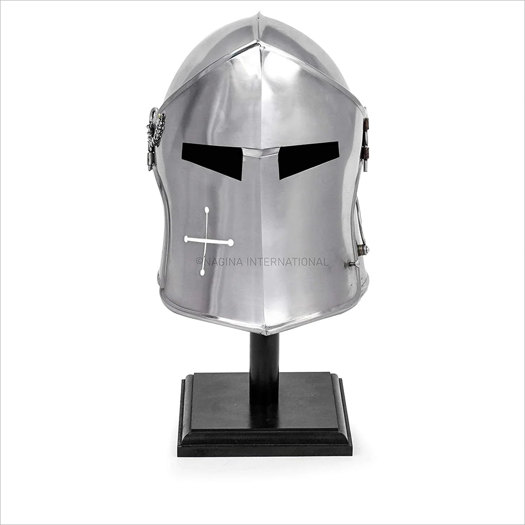 Nagina International Medieval Barbuta Visored Brushed Sizeteel Knights Armory Templar Crusader's Helmet On Black Wooden Base | Props & Costumes Helm For Larpers