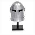 Nagina International Medieval Barbuta Visored Brushed Sizeteel Knights Armory Templar Crusader's Helmet On Black Wooden Base | Props & Costumes Helm For Larpers