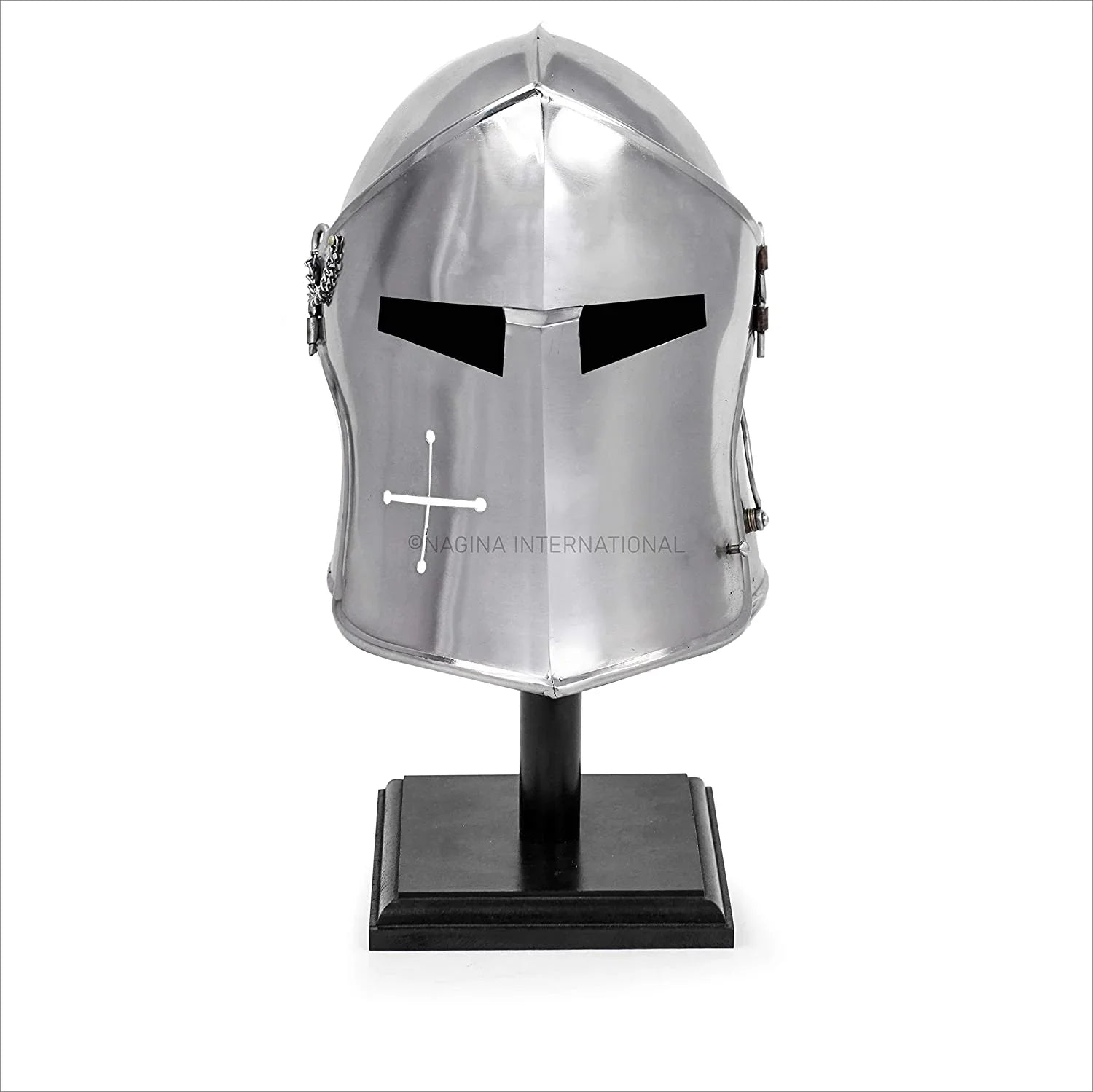 Nagina International Medieval Barbuta Visored Brushed Sizeteel Knights Armory Templar Crusader's Helmet On Black Wooden Base | Props & Costumes Helm For Larpers