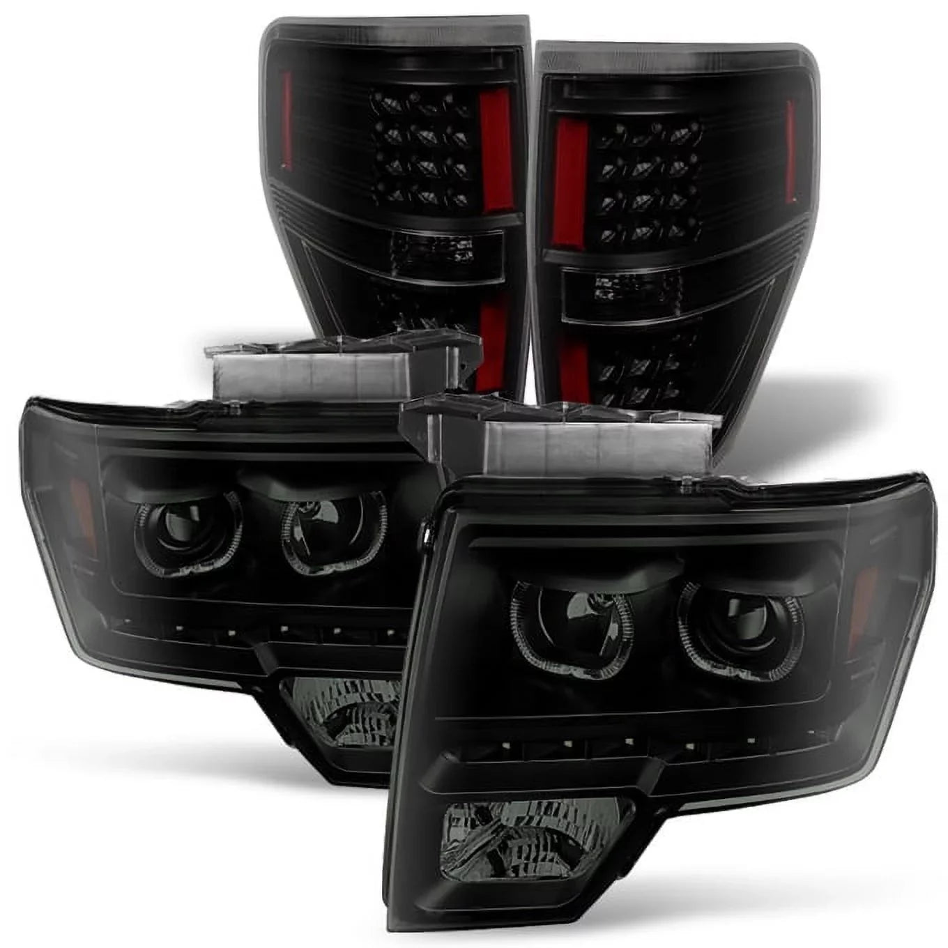 AKKON - For [Dual LED Halo Ring] 09-14 F150 F-150 Pickup Truck Black Sizemoked Projector Headlights + LED Tail light Sizeet