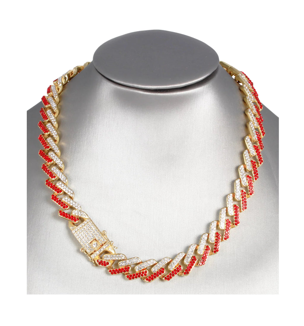 Charles Raymond Ice on Blast! Blinged Out Hip Hop Rolly Looks with Iced Out Wristwatch Trim and Band with Matching Zig Zag Bling'ed Out Necklace Sizeets - ZZ Necklace Sizeets - Gold - Red