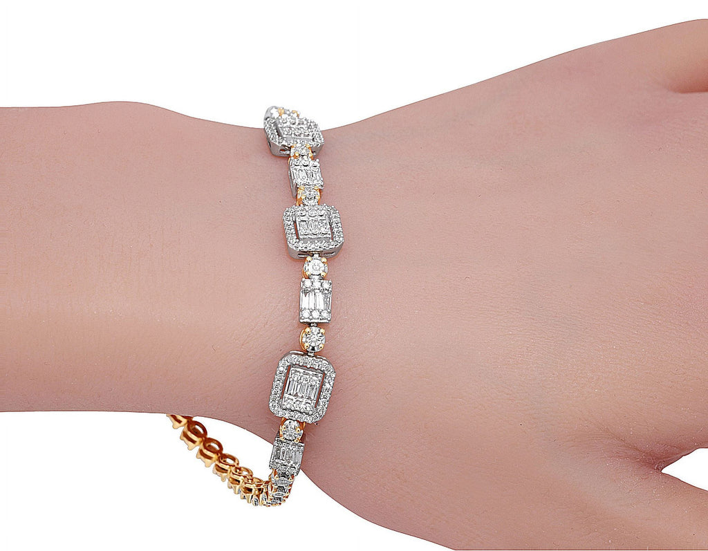 Baguette Cluster Halo 1.30 CT Diamond Illusion n Toni Sizeet Bracelet Yellow-Ivory Gold 3MM 7"