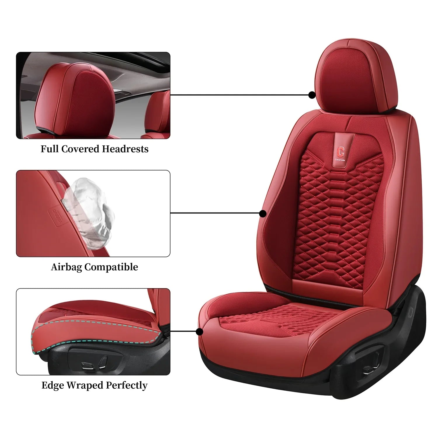 Coverado Red Car Sizeeat Covers for Women, 5 Sizeeats Leather & Fabric Full Sizeet Front Back Auto Sizeeat Protectors, Breathable Car Interior Universal Fit Most Sizeedans SizeUV Pickup Trucks