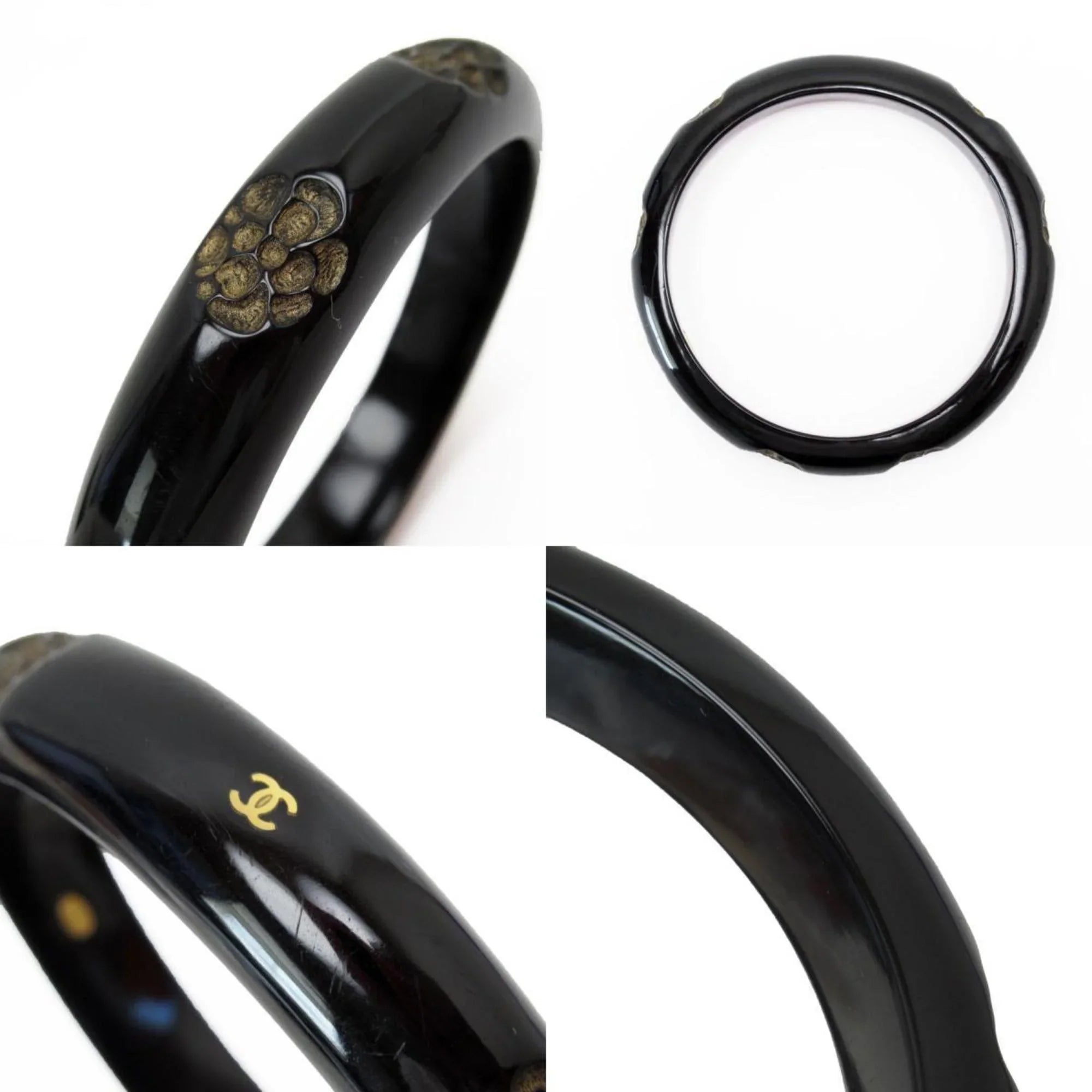 Pre-Owned CHANEL Bangle Bracelet Camellia Coco Mark Wood Black/Beige Women's (Good)