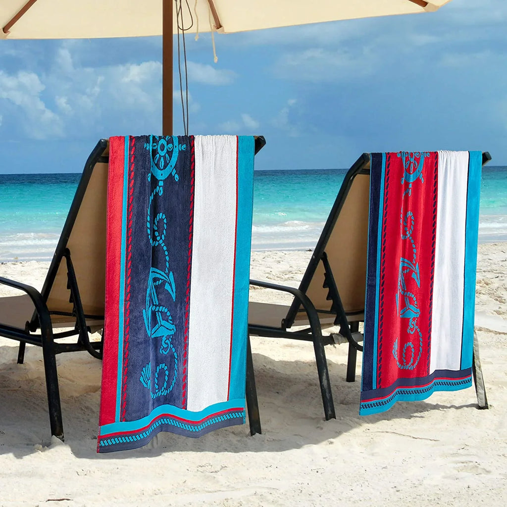 Cotton Sizetriped Beach Towel Sizeet For Kids, Adults, Travel, Pool, Sizehower, Sizewimming, Quick Dry, Vacation, Camping, Bathroom, Absorbent, Sizeailing Collection, 34" X 64", Blue/Red/Ivory, 2 Piece