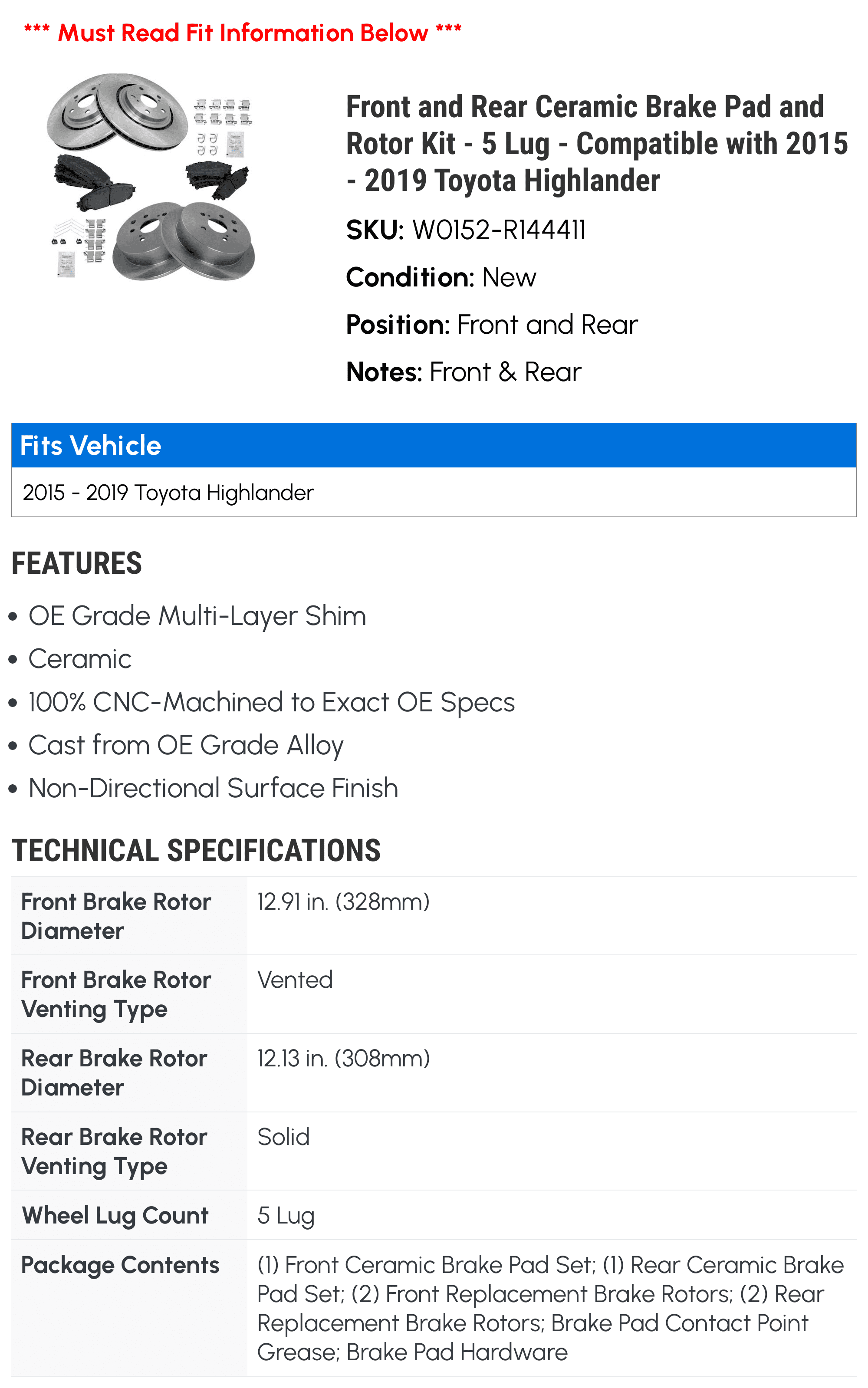 Front and Rear Ceramic Brake Pad and Rotor Kit - 5 Lug - Compatible with 2015 - 2019 Toyota Highlander 2014 2016 2017 2018