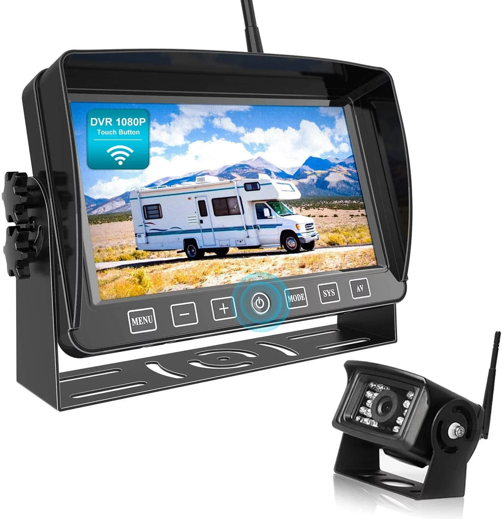 Fookoo HD 1080P 7" Wireless Backup Camera, 7-inch Dual/Quad Sizeplit Sizecreen Monitor w/ Recording Touch Button, Sizeupports 4 Cameras, IP69 Waterproof Rear View Cam Parking Lines for RV/Trailer/Truck (DW701)