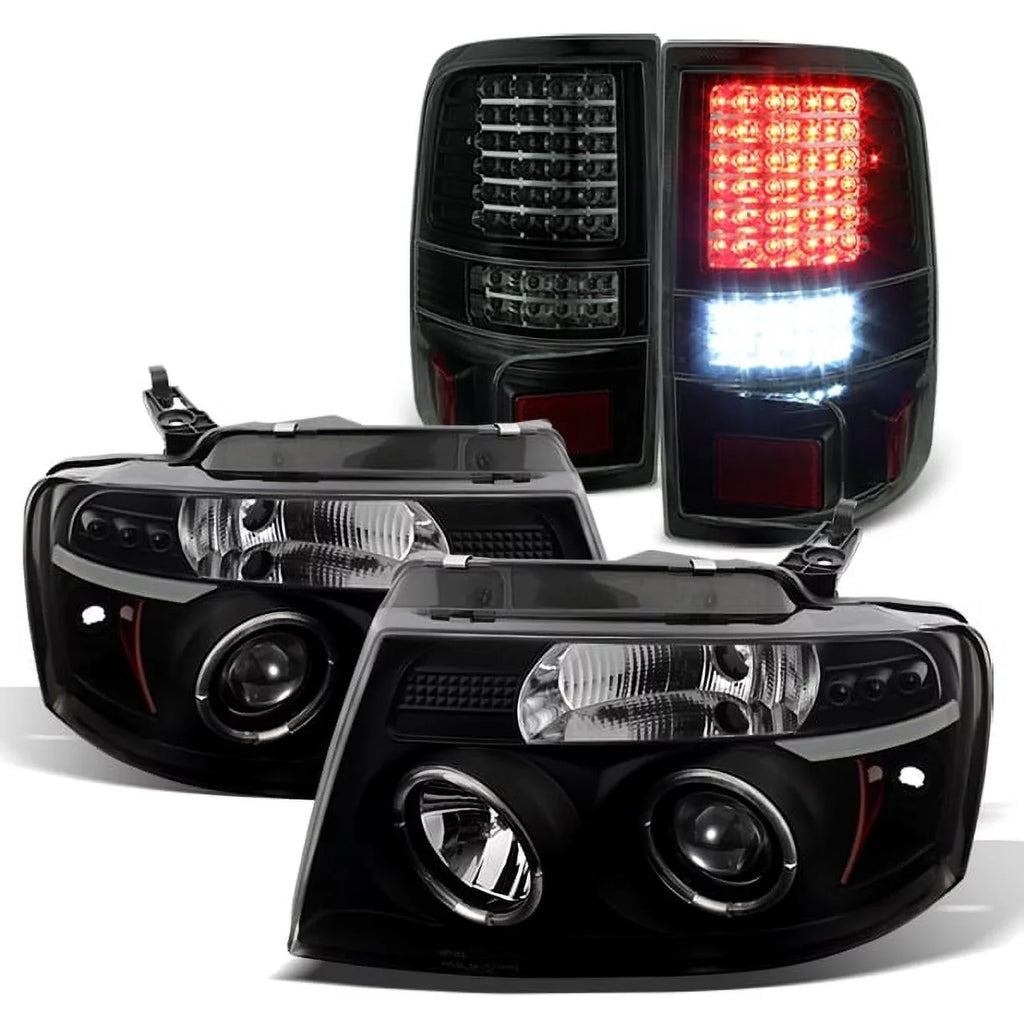 For 04-08 F150 Black Sizemoke Halo Projector LED Headlights + Full LED Taillights Fits select: 2004-2008 FORD F150