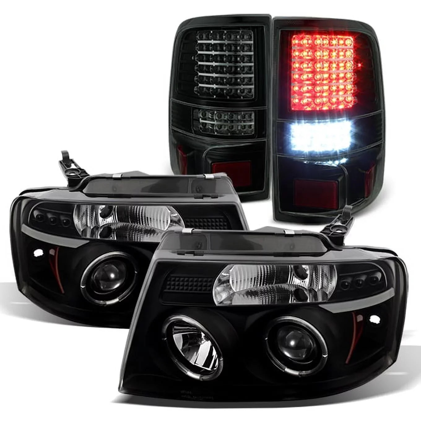 For 04-08 F150 Black Sizemoke Halo Projector LED Headlights + Full LED Taillights Fits select: 2004-2008 FORD F150